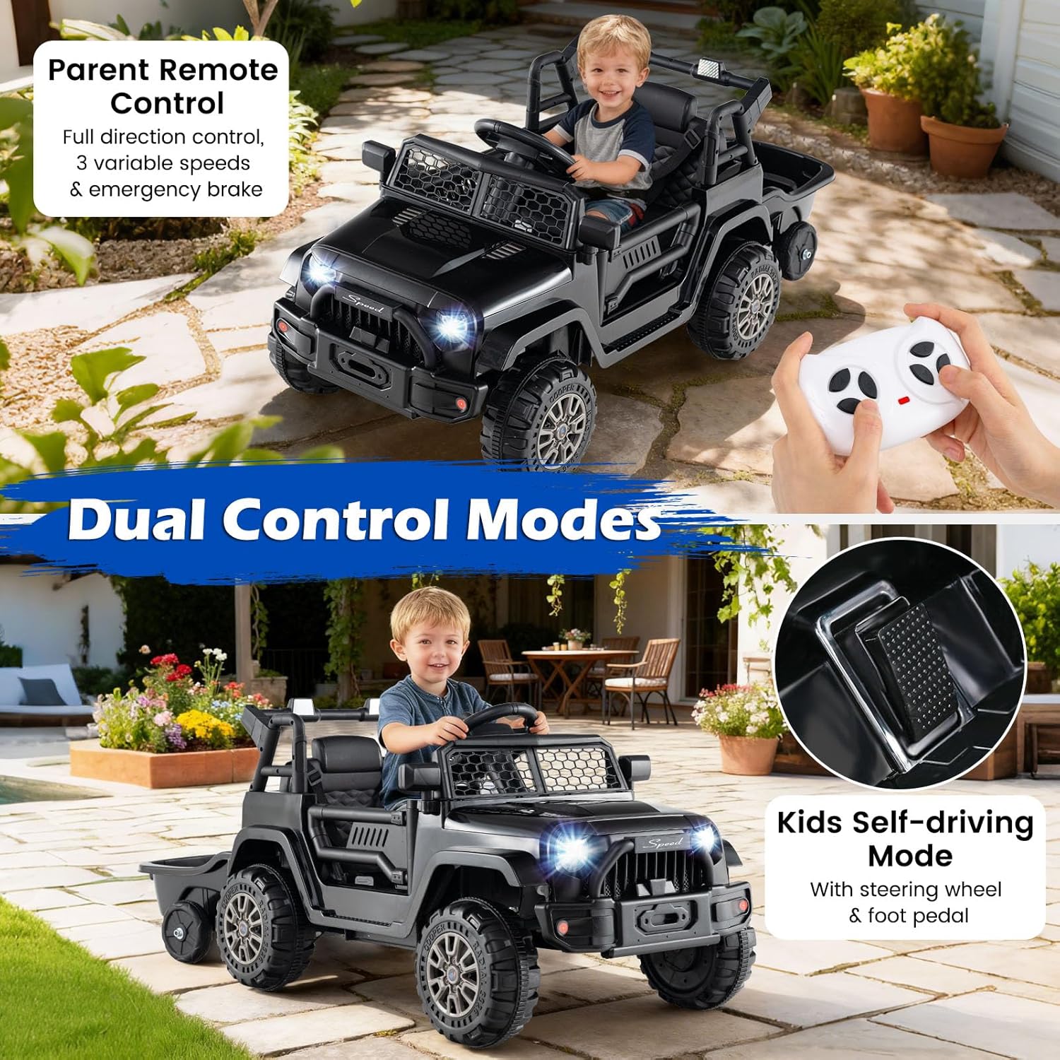 Costzon Ride on Car with Detachable Trailer, 12V Battery Powered Ride on Truck with Parent Remote Control, Light & Music, Electric Vehicle Kids Car Toy for Boys & Girls (Black) - Image 3