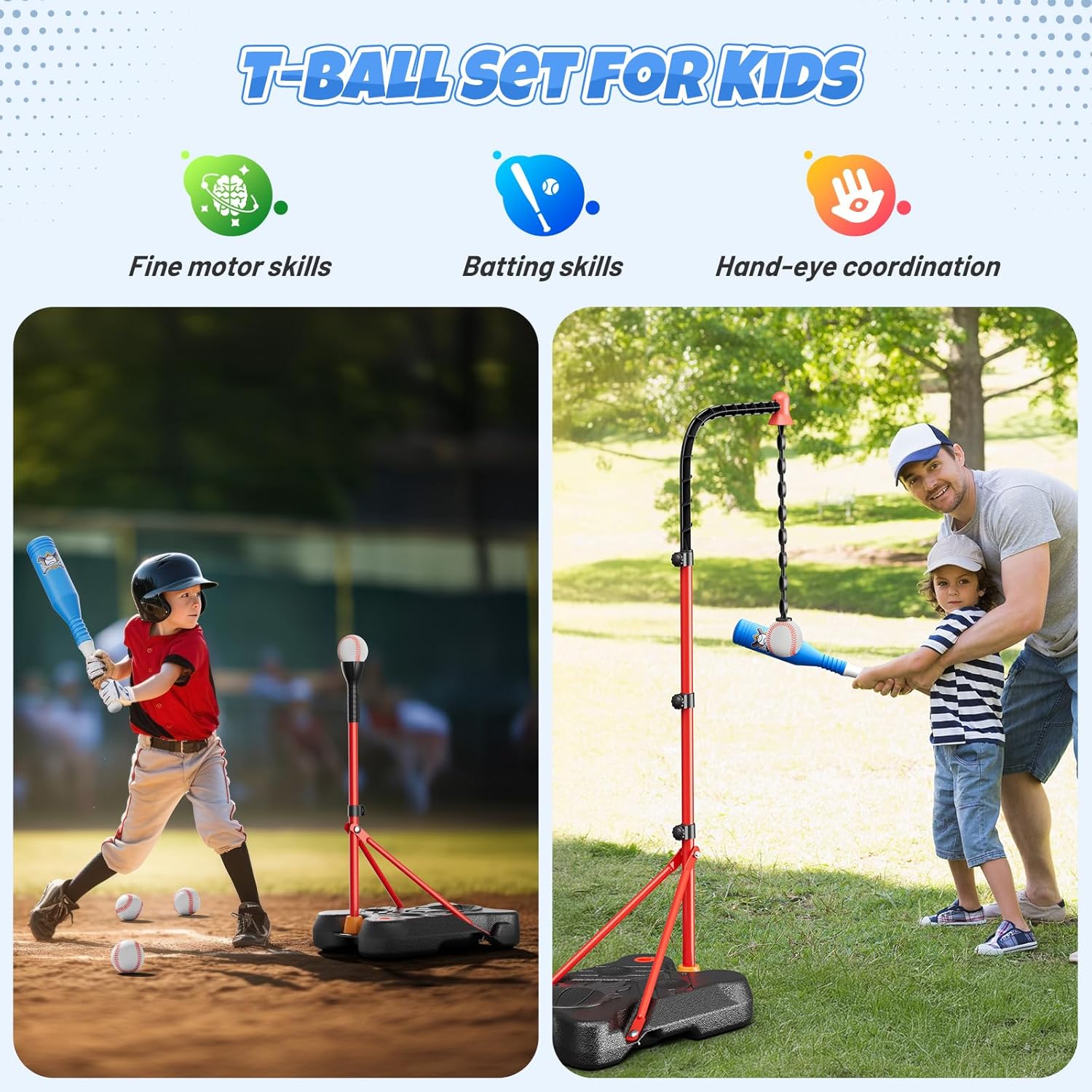 HopeRock 2 in 1 Kids Basketball Hoop and T Ball Set, Adjustable Basket Ball Stand,Hanging Tee Baseball for Toddlers Boys Girls Ages 2 3 4 5 6 7 8 Years Old, Outdoor Toys Gifts - Image 5