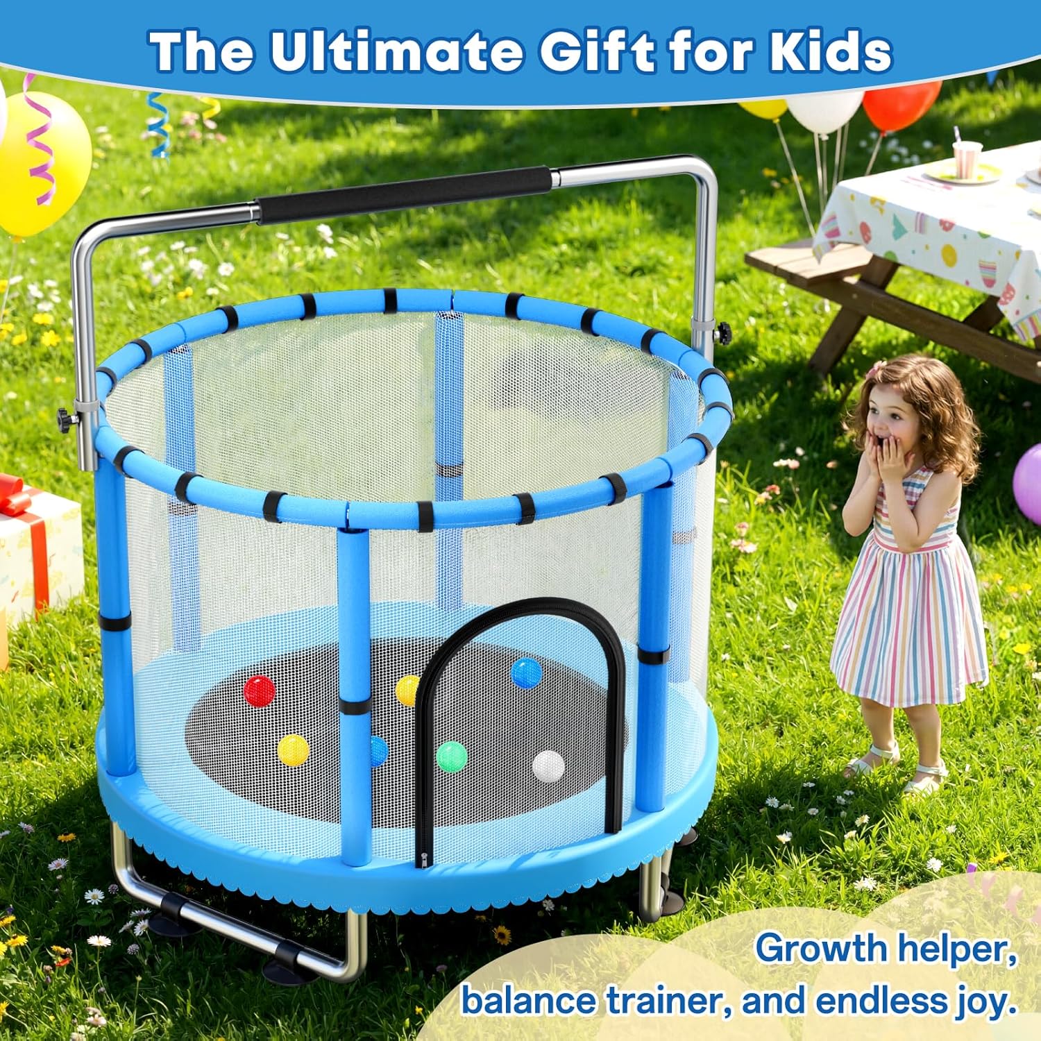 Toddler Trampoline for Kids, Trampoline with Net, Trampoline Indoor Outdoor playset with Adjustable Gymnastics Bar, 440lbs Kids Trampoline, Easy Assembly - Image 7