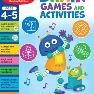 Evan-Moor Brain Games and Activities for Kids, Ages 4-5, Workbook, Hidden Pictures, Mazes, Sticker Activities, Logic Puzzles, Drawing, Critical Thinking, Audio, Alphabet, Word Families, Counting