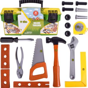 John Deere 18 Piece Deluxe Tool Box, Construction Playset with Tape Measure and Tools, Interactive Building Toys, Preschool Toys for Boys and Girls