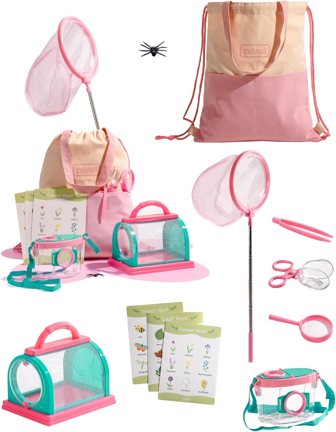 ROBUD Kids Explorer Kit, Bug Catcher Kit with Bag Kit, Pink Outdoor Exploration Set for Camping, Montessroi Toy for Kids Coming Closer to Nature,WRP28