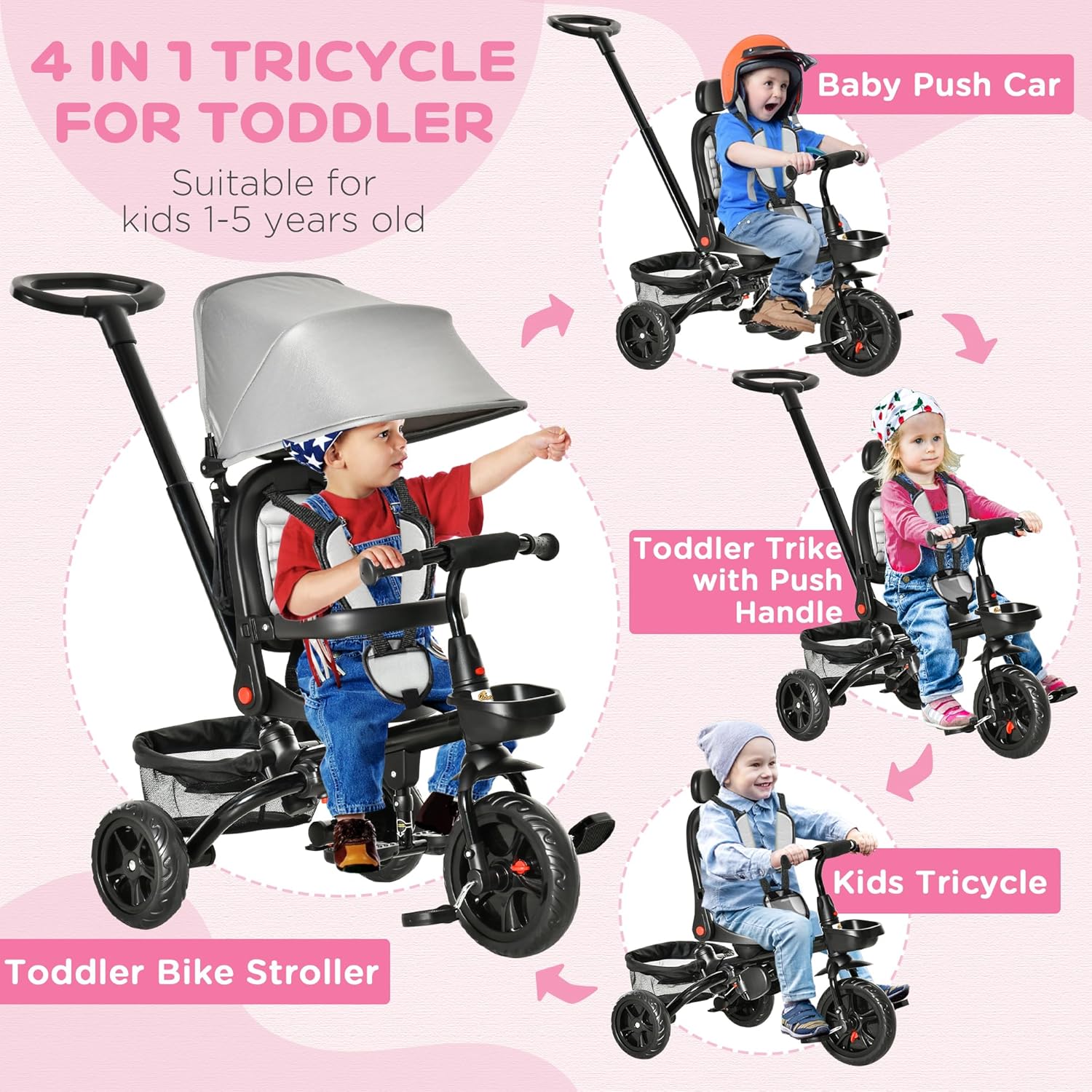 Qaba Kids Tricycle, 4 in 1 Foldable Trike with Reversible Seat, Adjustable Parent Handle, Safety Harness, Wheel Brakes, Removable Canopy, Storage, Tricycle for Toddlers 1-5 Years, Gray - Image 3