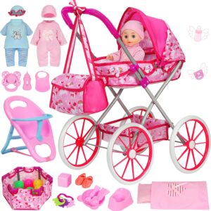 DRAMATION Baby Doll Stroller Set for Girls Toddlers 3-5 4-6, Baby Doll Set with 11” Doll, Foldable Unicorn Doll Stroller, Playpen, Dining Chair and 24 PCS Baby Doll Accessories, Baby Stroller Toy