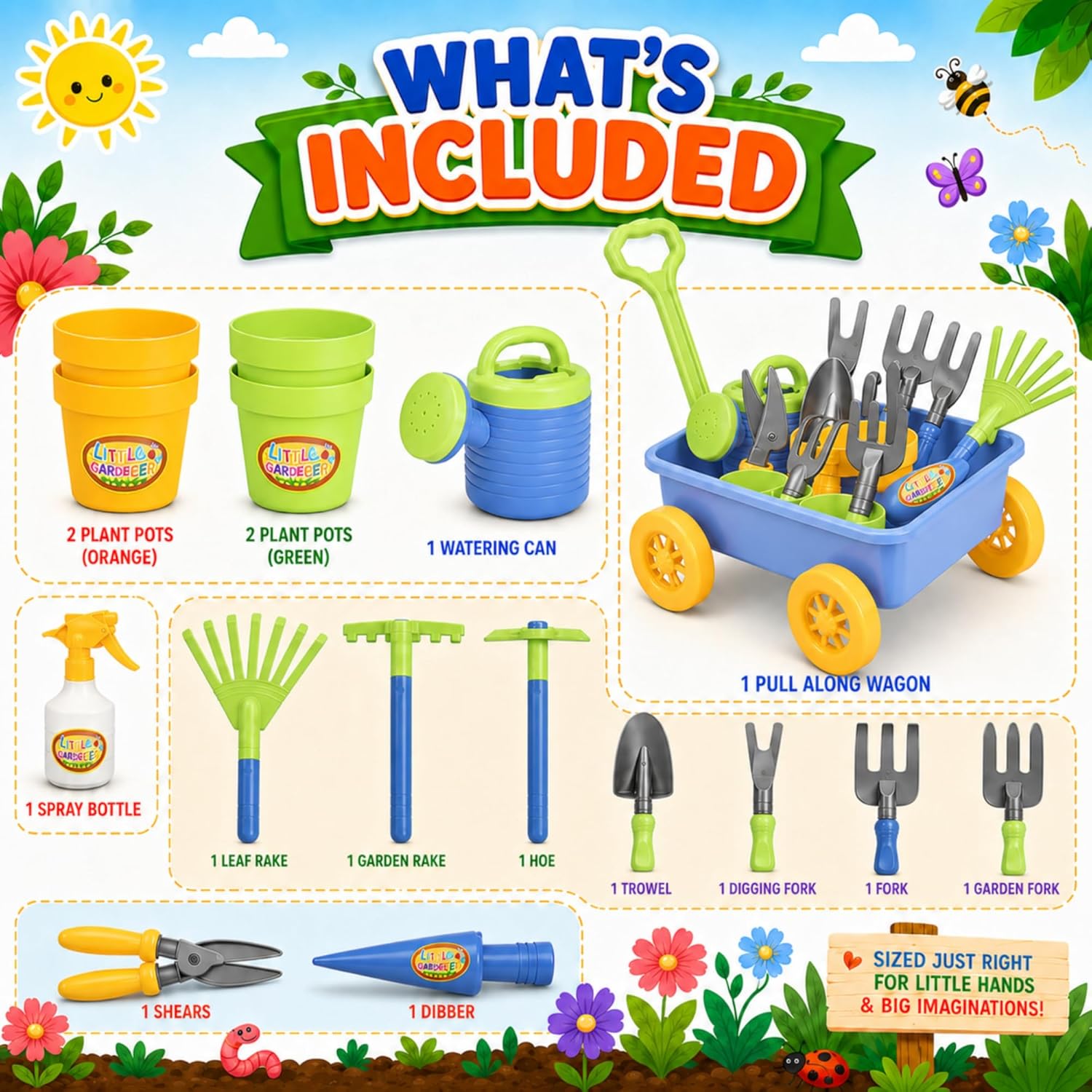Liberty Imports Pull Along Garden Wagon and Gardening Tools Toy Play Set for Toddlers, Kids with Outdoor Tools, Plant Pots, Accessories - Image 2