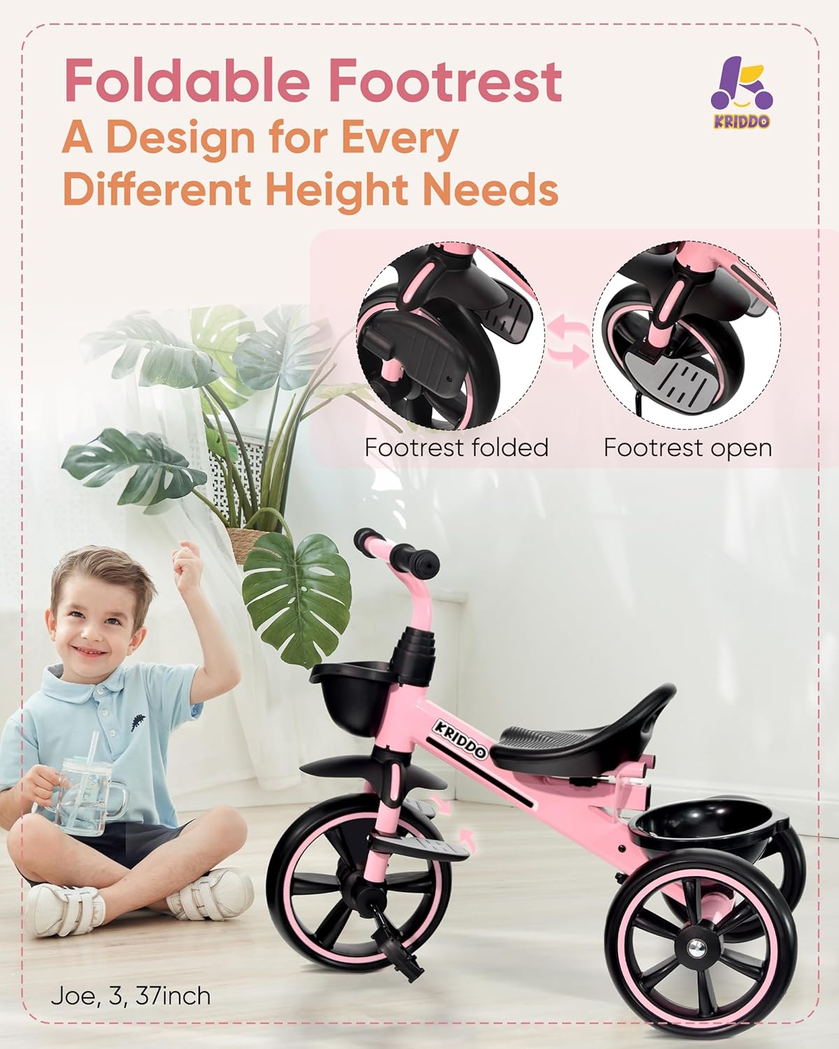 KRIDDO 2-in-1 Toddler Tricycle for Ages 18 Months to 5 Years Old - Extended Push Handle for Effortless Push, Gift Trike for Toddler 3 to 5 Year, Kids Tricycle with Foldable Front Footrest, Pink - Image 3