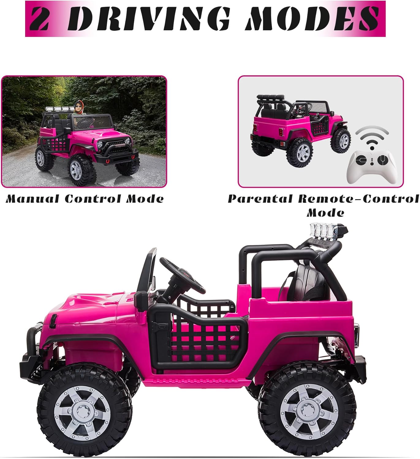 TOBBI 2 Seater Kids Electric Car Toy, Toddlers 12V Off-Road Ride On Truck with Parent Remote Control, 35W Battery-Powered 4 Wheels Vehicle to Drive with Horn & LED/MP3 for Chirdren 3-8 Years-Rose Red - Image 3