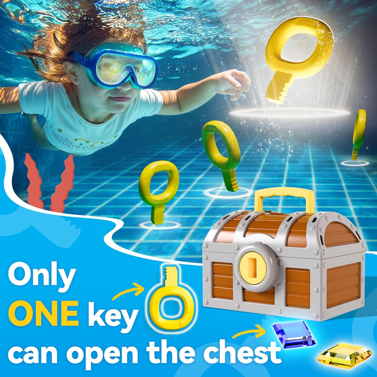 Funscape Kids Diving Pool Toy, Large Treasure Chest Water Dive Game W/Keys Gems Fish, Toddler Outdoor Swimming Treasure Box Playset, Fun Summer Swim Party Gifts 3 4 5 6 7 8 10 12 Year Old Boy Girl - Image 3