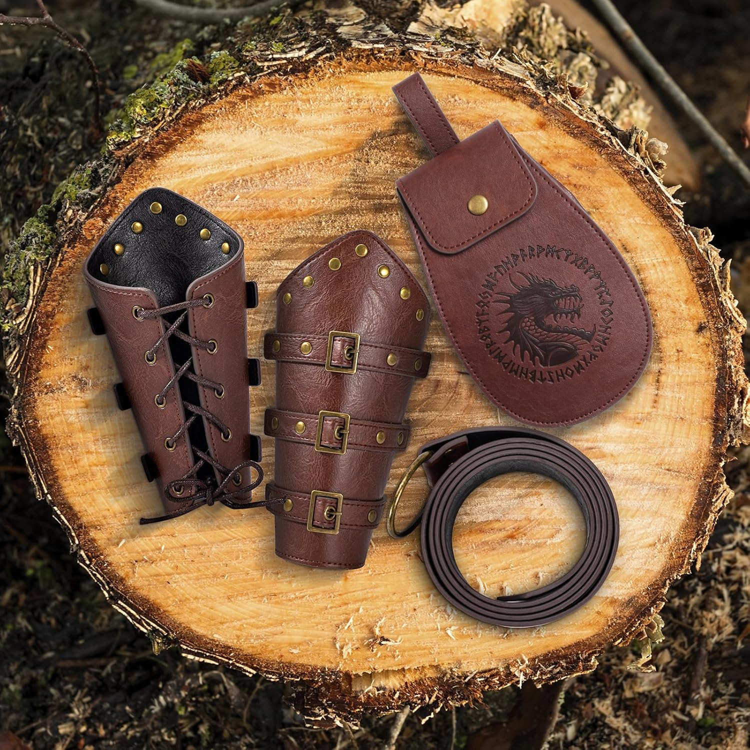 Berenlu 3 PCS Renaissance Accessories, Viking Belt, Medieval Vintage Belt Pouch & Leather Bracers for Halloween LARP Cosplay - Image 5
