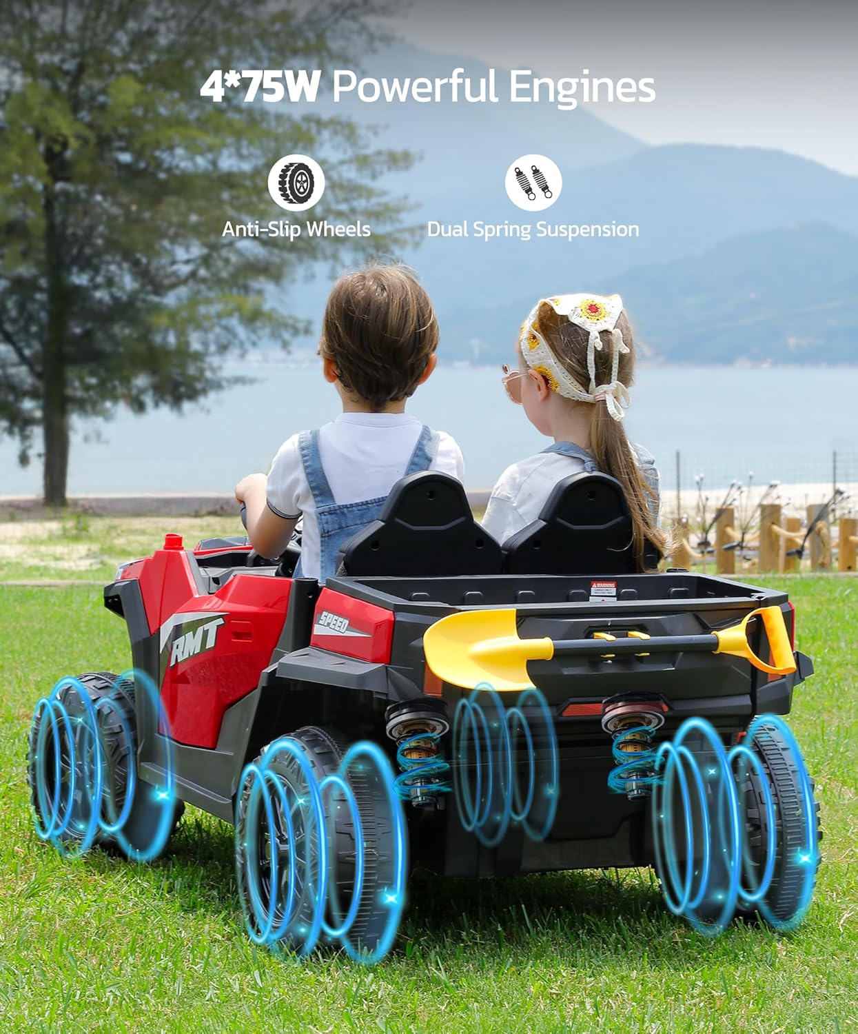 ELEMARA 24V Ride on Toy for Big Kid,Ride on Car 2 Seater w/Sun Shade,Dump Bed & Shovel,4.5MPH,4WD Electric Car for Kids,Battery Car w/Remote,Kids Ride on Truck,3 Speed,LED Lights,Bluetooth, Ruby - Image 7