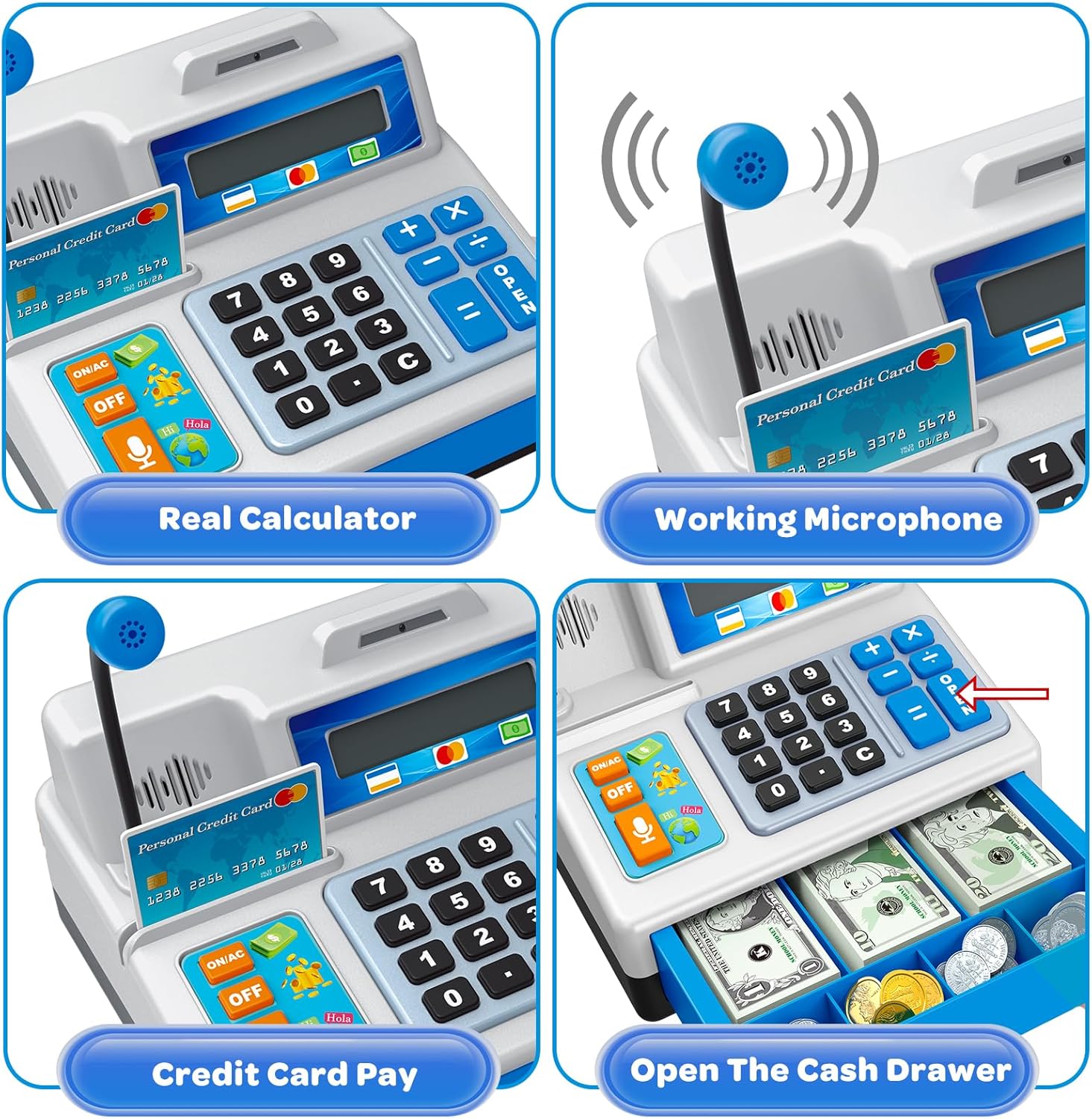 Bstoyder Calculator Cash Register Toy Gift for Kids Age 3, 4, 5, 6, 7, 8+ Year Old, 103 Pcs Grocery Store Playset with Microphone, Credit Card, Cash Register for Toddlers Kids 4-8 - Image 3