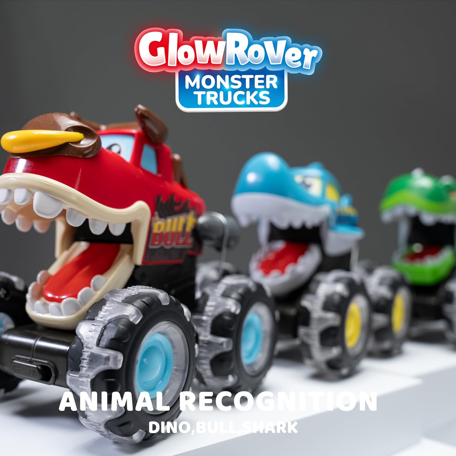 JOYIN 3 Pack Monster Truck Toy - Motion Activated Light Up Cars for Toddlers - Monster Glow Rover LED Wheels - Baby Boy Toys - Press and Go Dinosaur Trucks for Kids Boy Birthday Gifts - Image 7