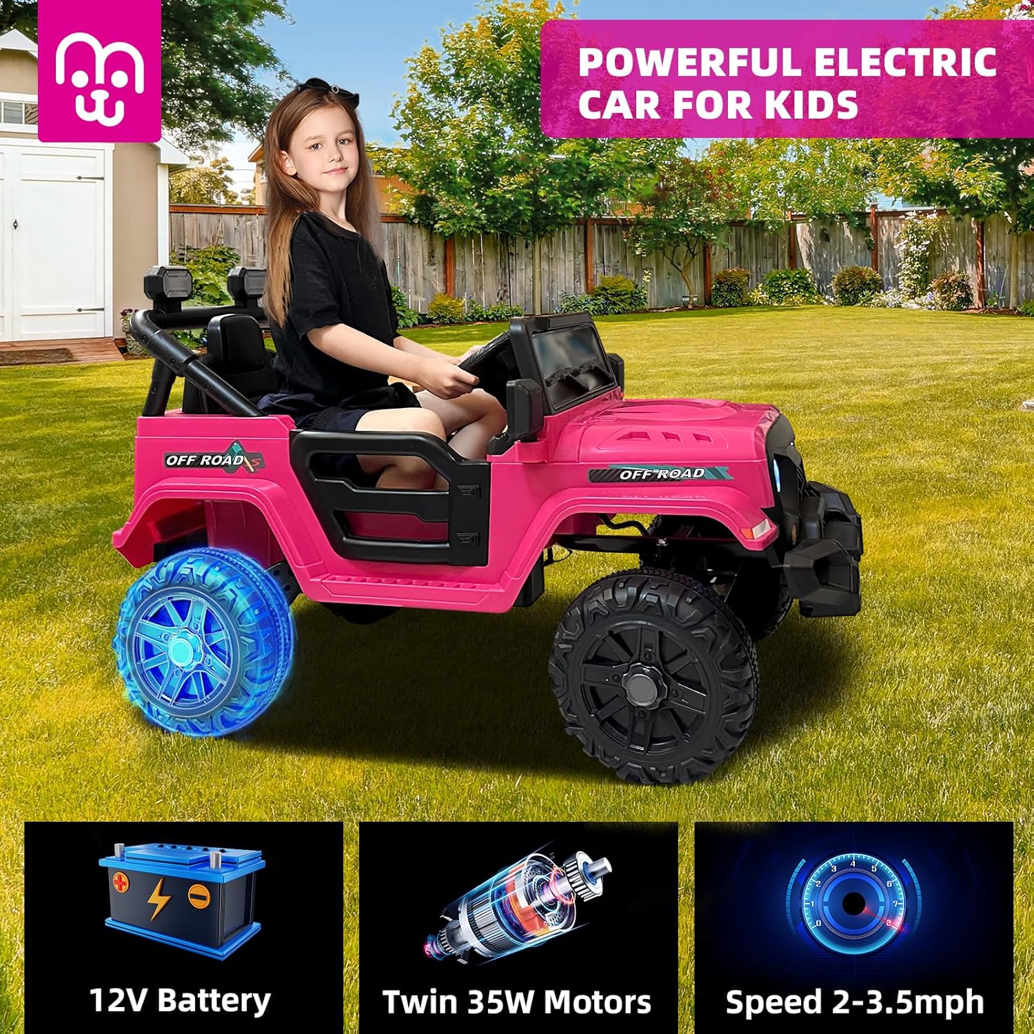 MINIATURE MOTORS 12V Kids Electric Ride on Truck Car Remote Control, Twin 35W Motors 3.5MPH Max Speed, Bluetooth Music Player, 4 Wheels Suspension LED Lights Safety Belt, Gift for Boys Girls-Hot Pink - Image 3