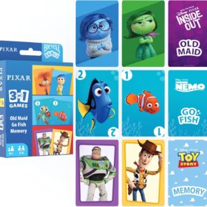 Bicycle Disney and Pixar 3-in-1 Card Games, Old Maid, Go Fish & Memory, Featuring Toy Story, Finding Nemo & Inside Out Characters, Kids Card Games Ages 4+, Family Games for 2-6 Players