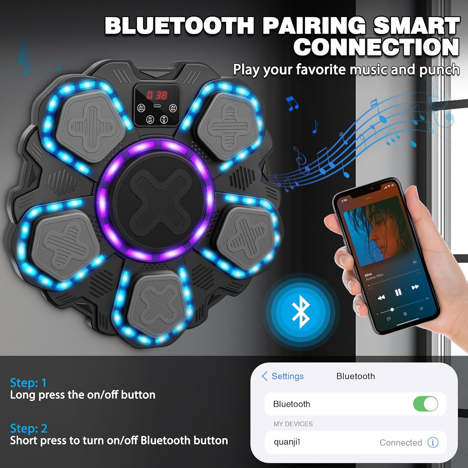 Music Boxing Machine Sport Toys for Kids and Adults,Wall Mounted Bluetooth Smart Punching Target,Training Pad Toy with Boxing Glove,Ideas Toys for Boys Girls Kids 3 4 5 6 7 8 9 10 11 12+ Years Old - Image 5