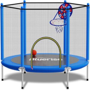 BLUERISE 55IN 6FT Toddler Trampoline for Kids Indoor Outdoor Play for Kids Trampoline Basketball Hoop Attachment with Enclosure Net Easy to Assemble