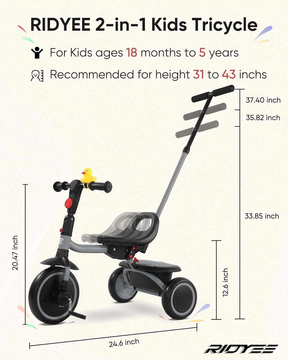 RIDYEE Tricycle for Toddlers 18 Months to 5 Years with Removable Push Handle, Tricycles for 3-5 Year Olds Ideal for On-The-Go Families, Adjustable Carry-Friendly Seat, Grey - Image 6