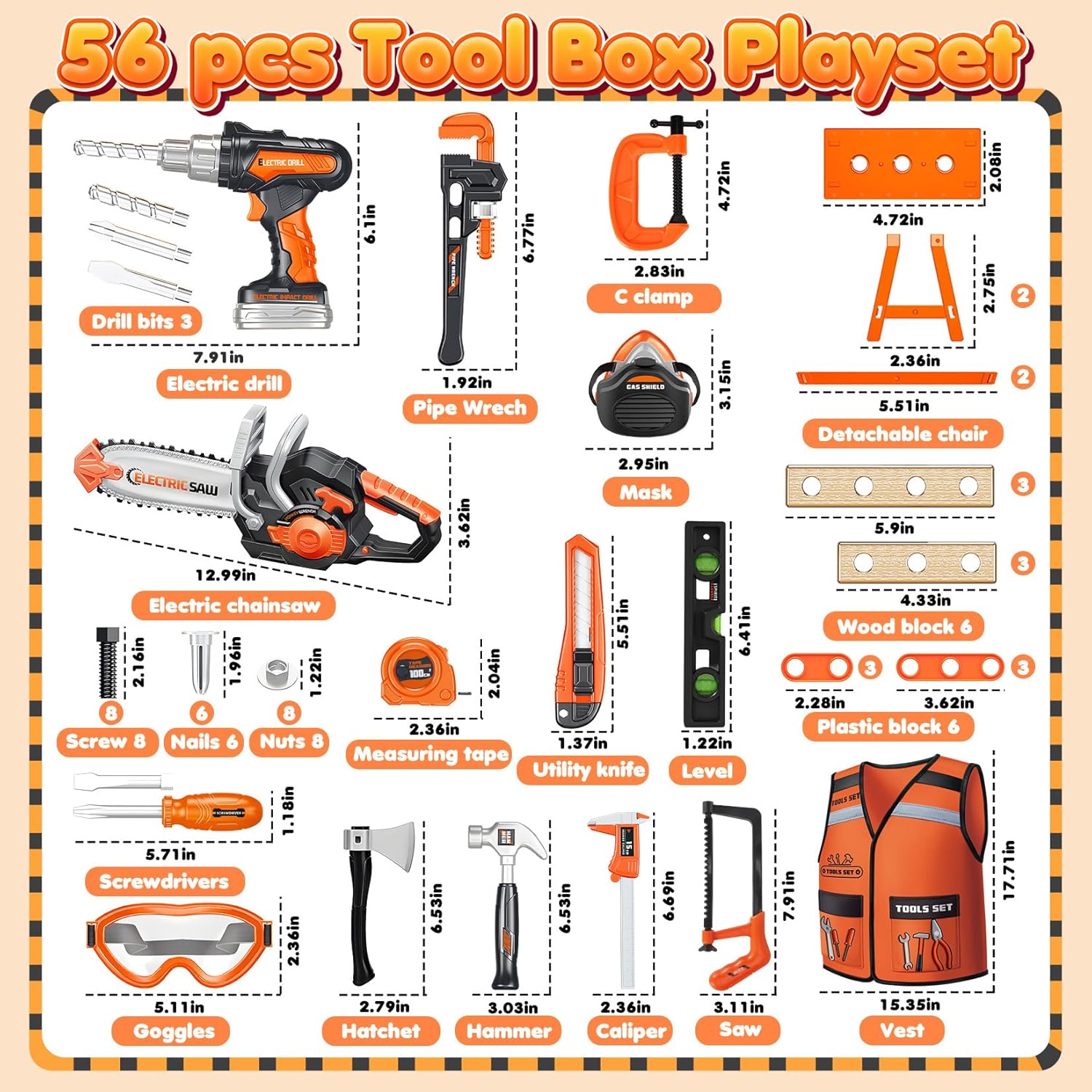 Kids Tool Set Toys, 56 Pcs Toddler Tool Set with Toy Chainsaw & Electronic Drill,Vest, Pretend Play Kids Construction Tools Toy for Toddler 3-5 Years Old Christmas Birthday Gifts - Image 2