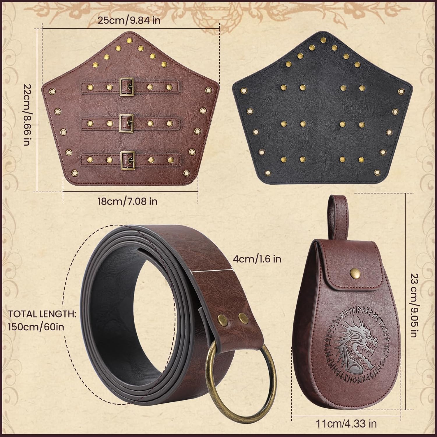 Berenlu 3 PCS Renaissance Accessories, Viking Belt, Medieval Vintage Belt Pouch & Leather Bracers for Halloween LARP Cosplay - Image 2