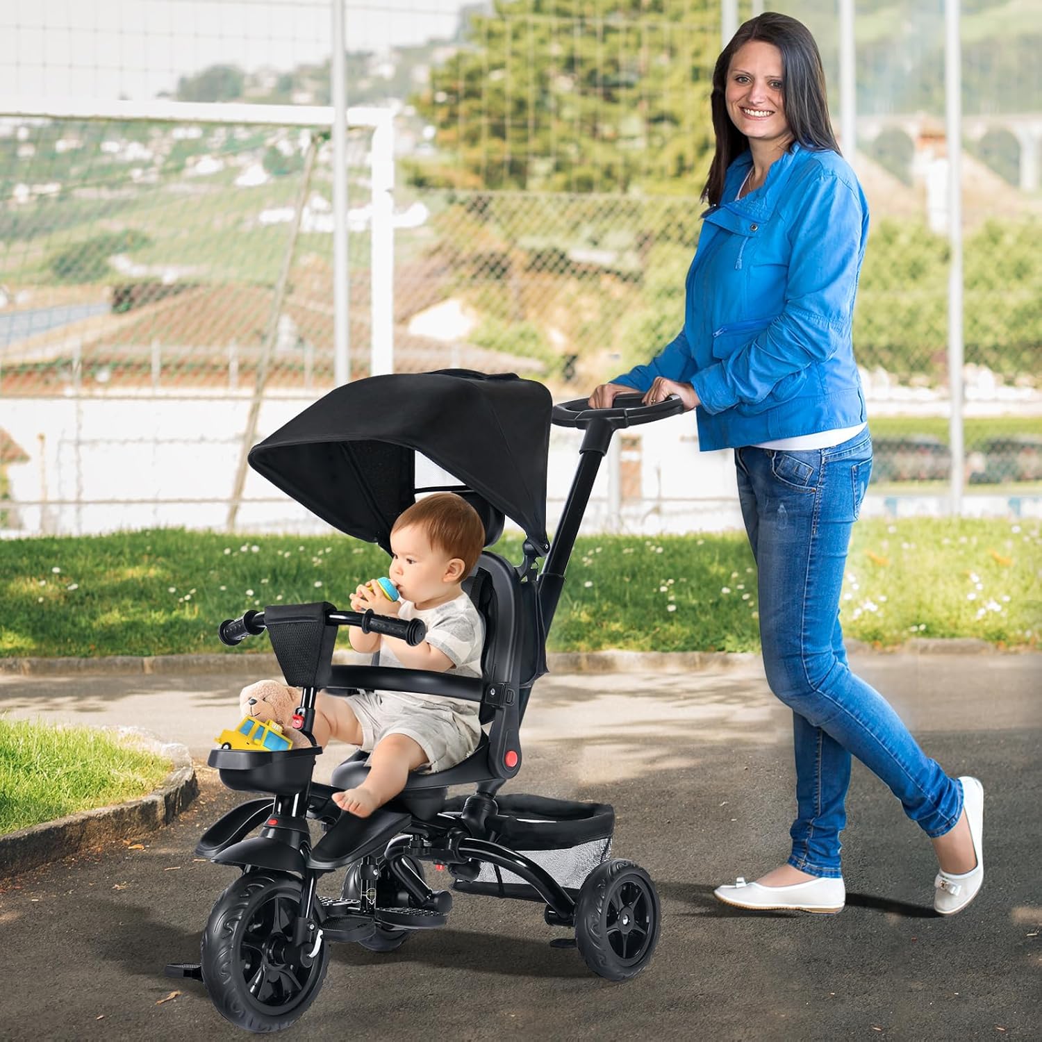 TODEFULL Folding Kids' Tricycle, 8 IN1 Baby Trike W/Removable Canpoy&Parental Push Rod, Toddler Bike Stroller for Kids 1-5 Years, 360° Swivel Seat, EVA Wheels,Storage Basket, Black - Image 8