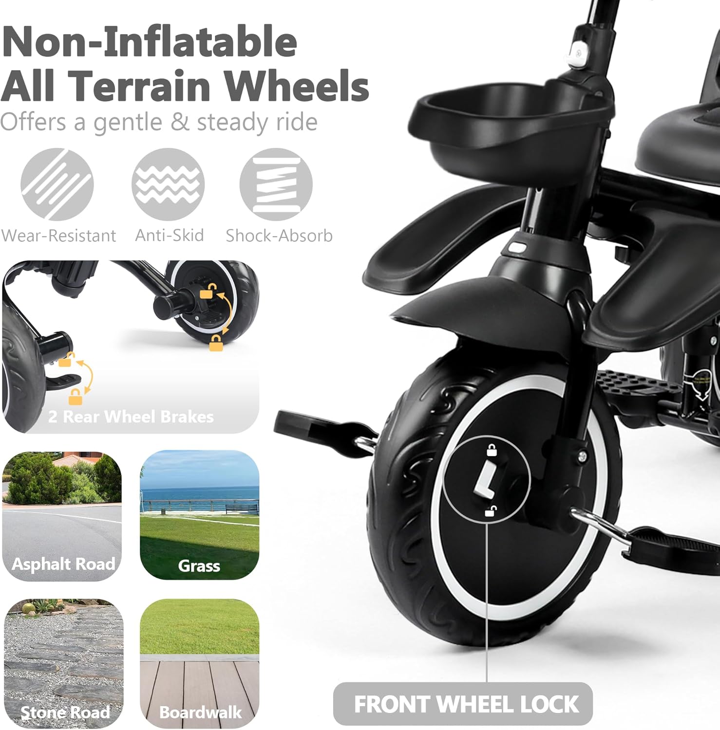 Kinder King Kids Tricycle, 8 in 1 Folding Toddler Trike w/Adjustable Push Handle, Rotatable Seat, Adjustable Canopy, Bell, Five-Point Harness, Storage, Toddler Bike for Age 1-5, Green - Image 5