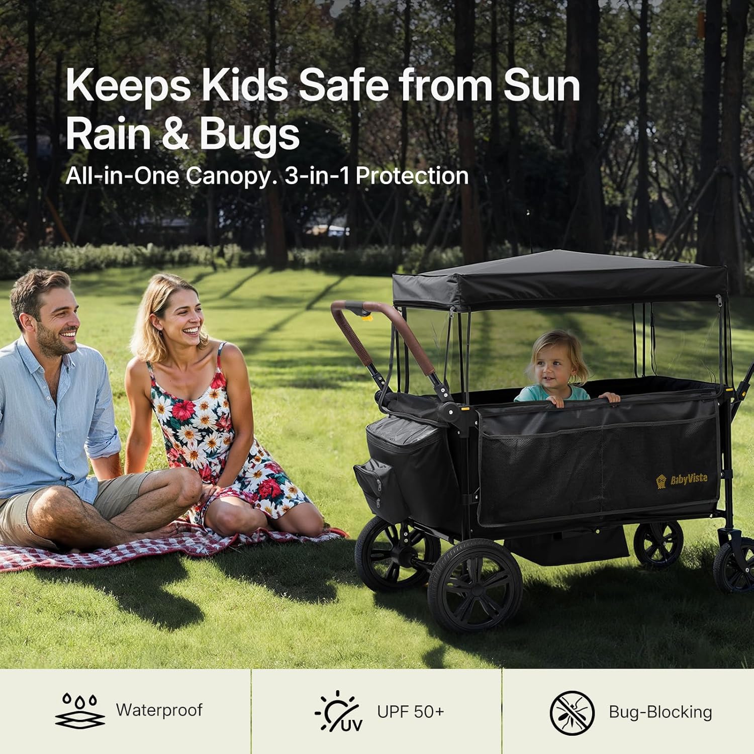 Stroller Wagon for Kids, One-Hand Adjustable Push/Pull Handle, Spacious Storage, 8"/12" All-Terrain Wheels, Canopy with Bug Net, Wagon Stroller for Daily Walks, Short Trips & Grocery Runs - Image 6