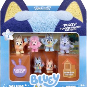 Bluey Fuzzies Deluxe Figure Pack. Eight Figures : 6 Specially Flocked Collectible Mini-Figures + 2 Surprise Figures (Blind Pack), Trading Card, and Collector’s Guide. 80 to Collect in Series 1!