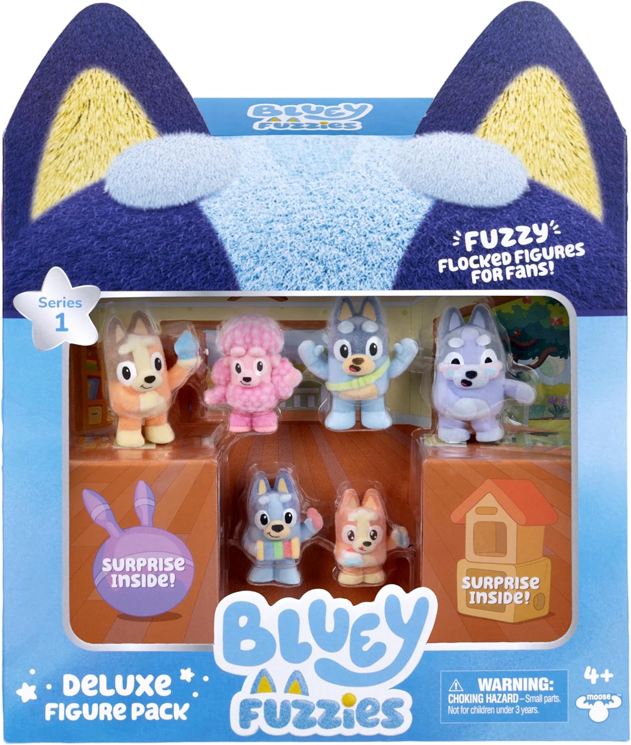 Bluey Fuzzies Deluxe Figure Pack. Eight Figures : 6 Specially Flocked Collectible Mini-Figures + 2 Surprise Figures (Blind Pack), Trading Card, and Collector's Guide. 80 to Collect in Series 1!