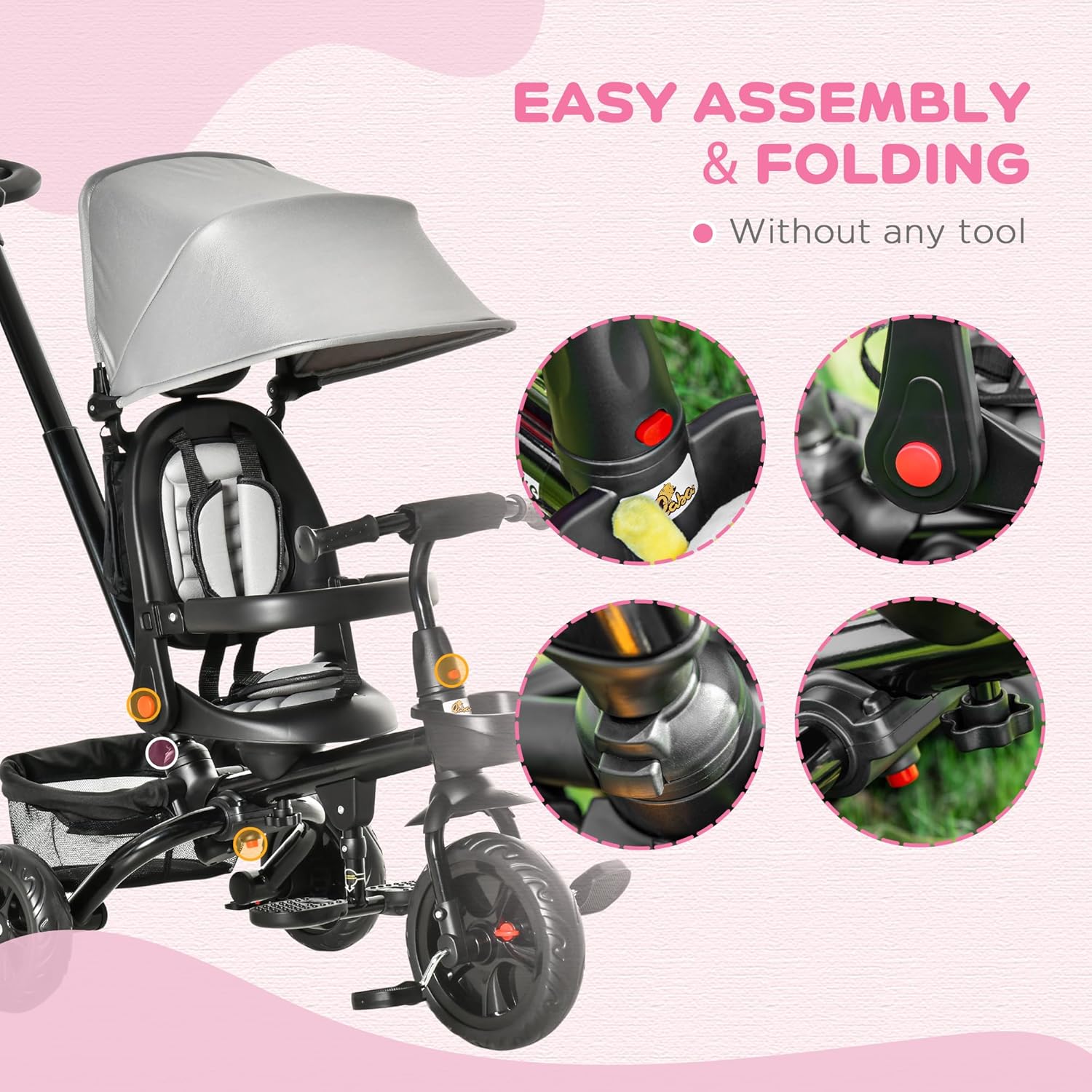 Qaba Kids Tricycle, 4 in 1 Foldable Trike with Reversible Seat, Adjustable Parent Handle, Safety Harness, Wheel Brakes, Removable Canopy, Storage, Tricycle for Toddlers 1-5 Years, Gray - Image 8