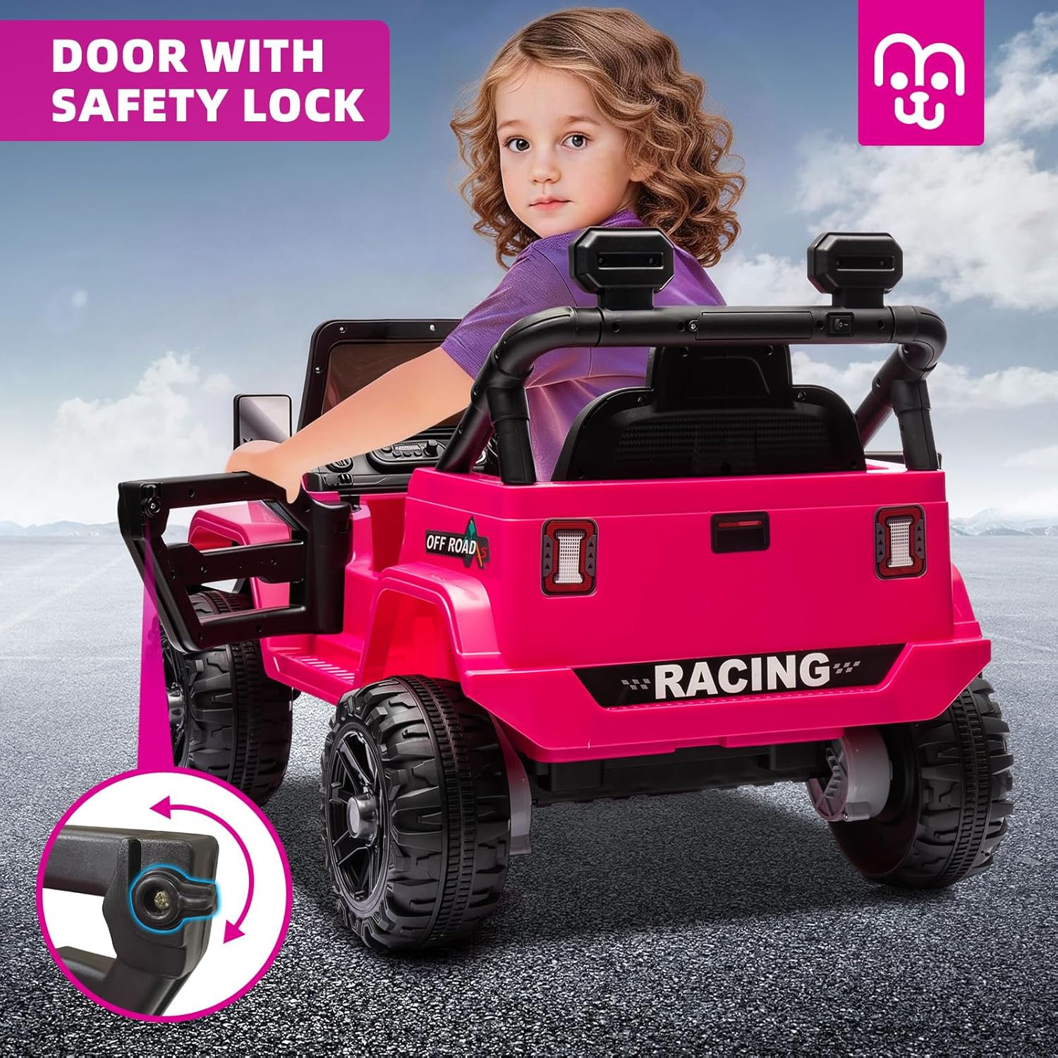 MINIATURE MOTORS 12V Kids Electric Ride on Truck Car Remote Control, Twin 35W Motors 3.5MPH Max Speed, Bluetooth Music Player, 4 Wheels Suspension LED Lights Safety Belt, Gift for Boys Girls-Hot Pink - Image 6