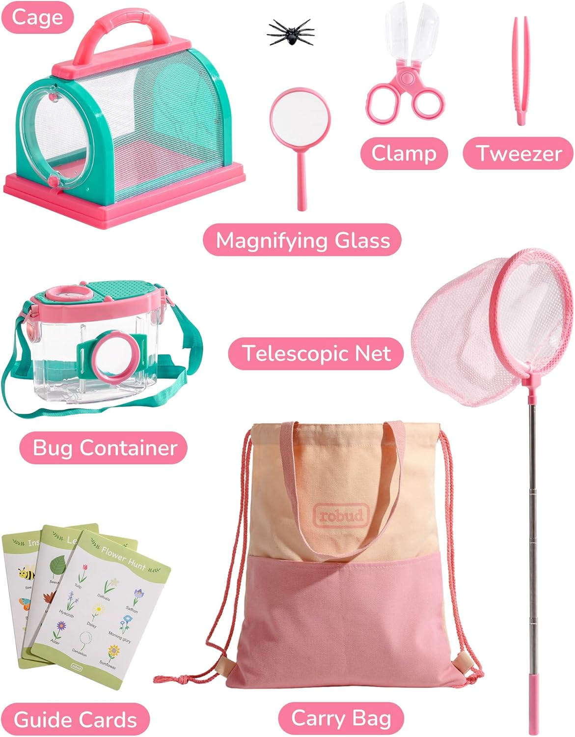 ROBUD Kids Explorer Kit, Bug Catcher Kit with Bag Kit, Pink Outdoor Exploration Set for Camping, Montessroi Toy for Kids Coming Closer to Nature,WRP28 - Image 2