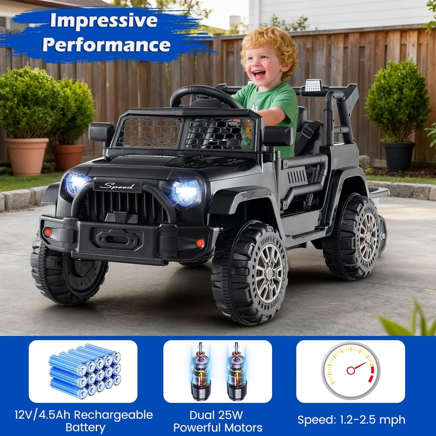 Costzon Ride on Car with Detachable Trailer, 12V Battery Powered Ride on Truck with Parent Remote Control, Light & Music, Electric Vehicle Kids Car Toy for Boys & Girls (Black) - Image 8