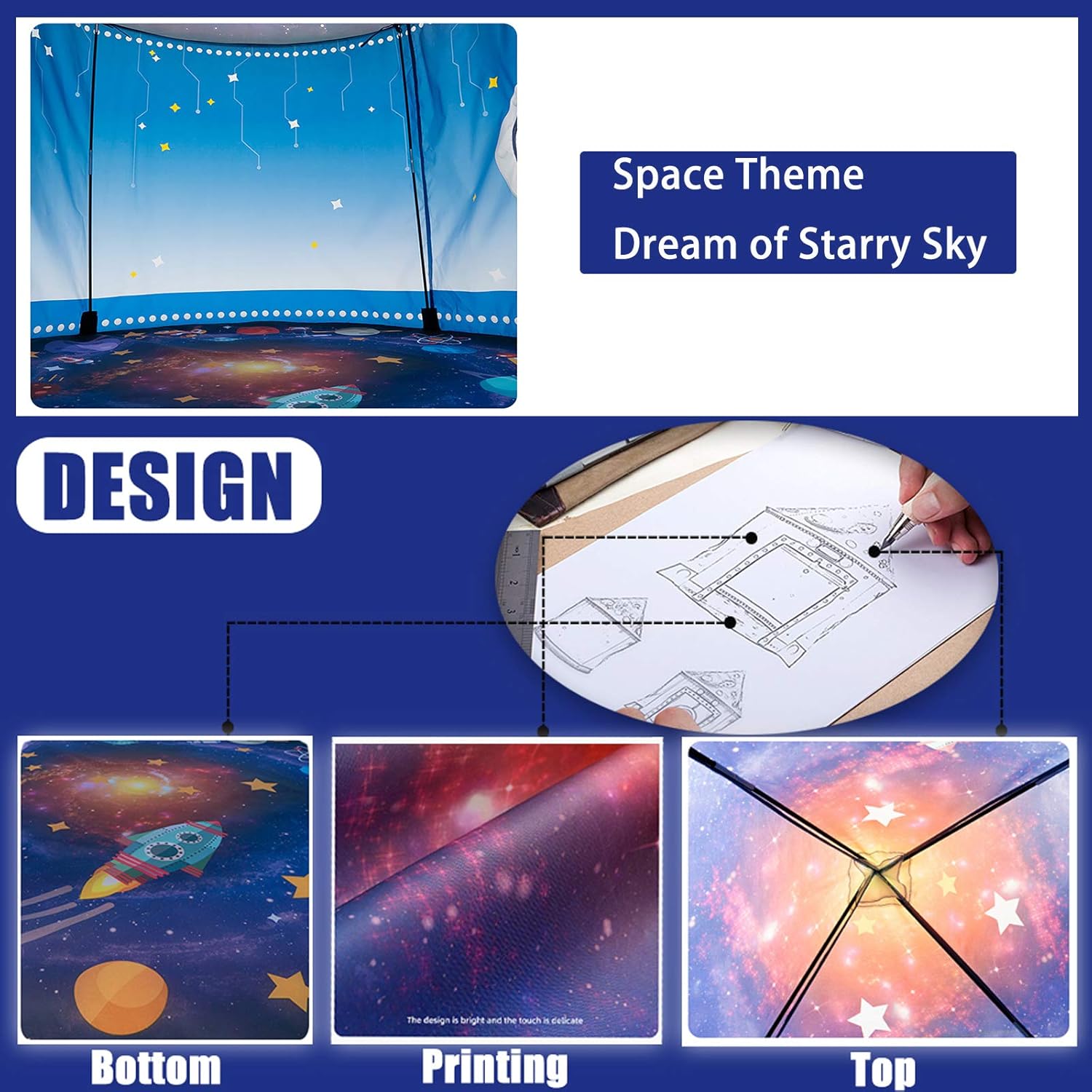 WillingHeart Play Tent for Kids Pretend Playhouse Indoor Outdoor Games Party Children Pop Up Foldable Tent Birthday Toy for Boys Girls Toddler Baby Playroom Gift, Rocket Ship Spaceship Space Themed - Image 3