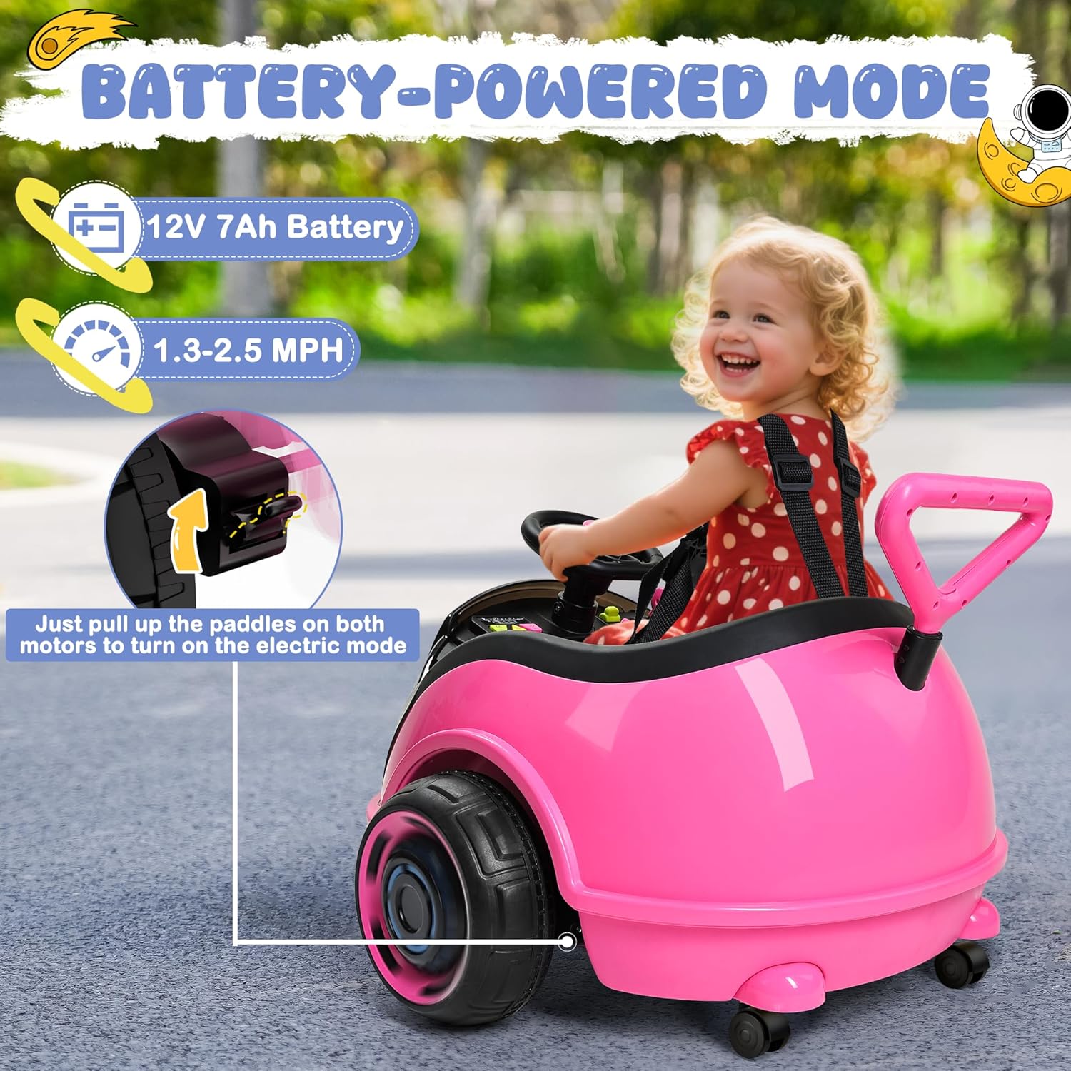 ANPABO 3-in-1 Electric Push Ride On Car, 12V Kids Ride On Toy w/Remote Control, 360° Spin, 5-Point Safety Belt, Colorful LED Light, Music Player, Push Car for Toddler Ages 1-3 (Pink) - Image 3