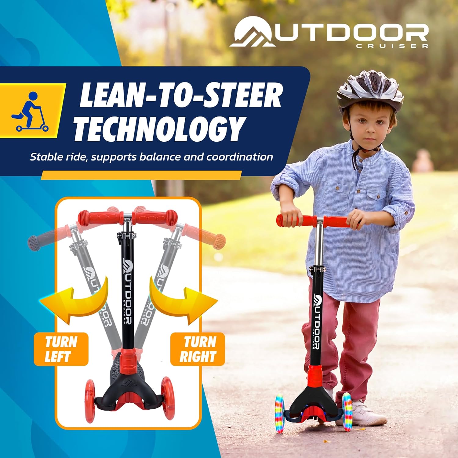 Outdoor Cruiser 3-Wheel Kids Scooter – with Lean-to-Steer Technology, Led Lighted Wheel, 4-Level Adjustable Height T-bar Handle, Support Kids Up to 150 Lbs, for Boys & Girls Ages 3-8, Black and Red - Image 4