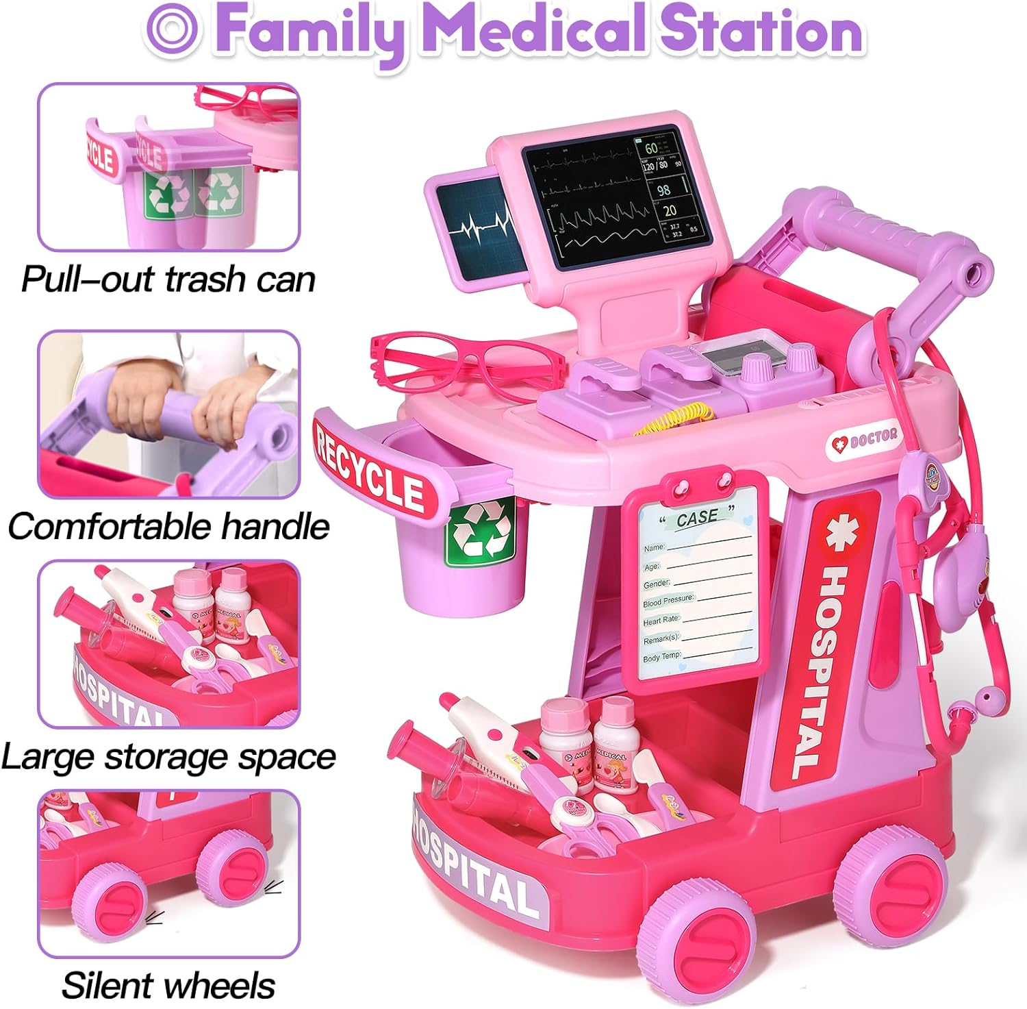 Phobby Doctor Kit for Toddlers Aged 3 4 5, Medical Pretend Play Set for Kids with Bag and Costume, Doctor Cart Toy for Girls Boys Birthday Gift (Pink) - Image 3
