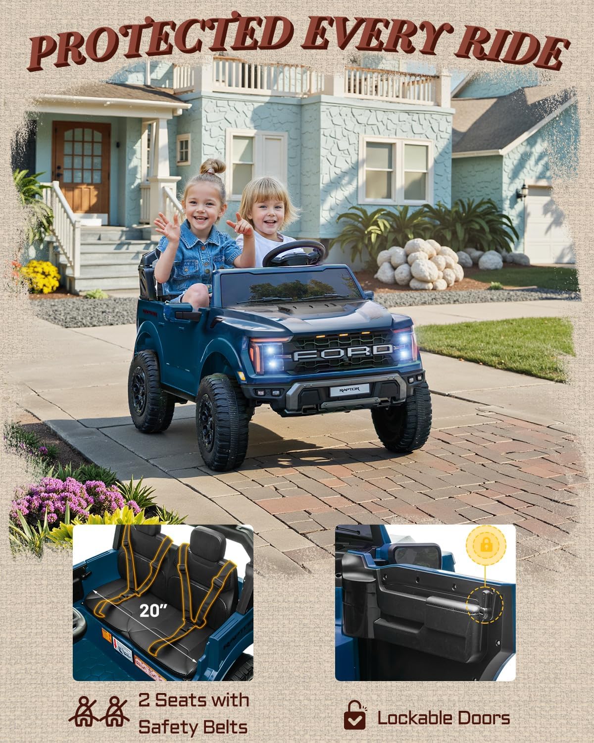 First Ride On Licensed Ford F-150 Raptor 2 Seater Ride on Car for Kids, 24 Volt Ride on Toys for Boys w/Remote Control, Kids Electric Car w/LED Lights, Bluetooth, Truck Bed Storage, Soft Start (Blue) - Image 5