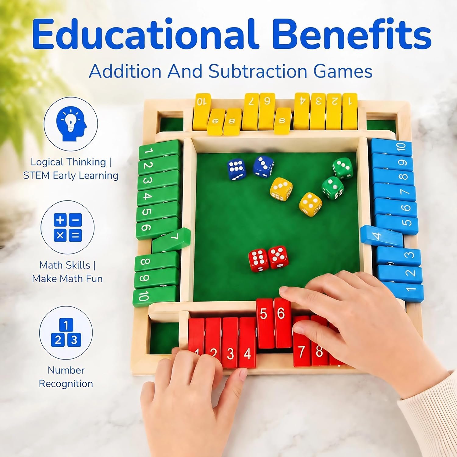 Shut The Box Game, Wooden Number Flip Board Dice Tabletop Toys for 2-4 Player, Math Educational Learning Tools for Kids and Adults, Classic Pub Family Game Night Party Activity, Camping - Image 5