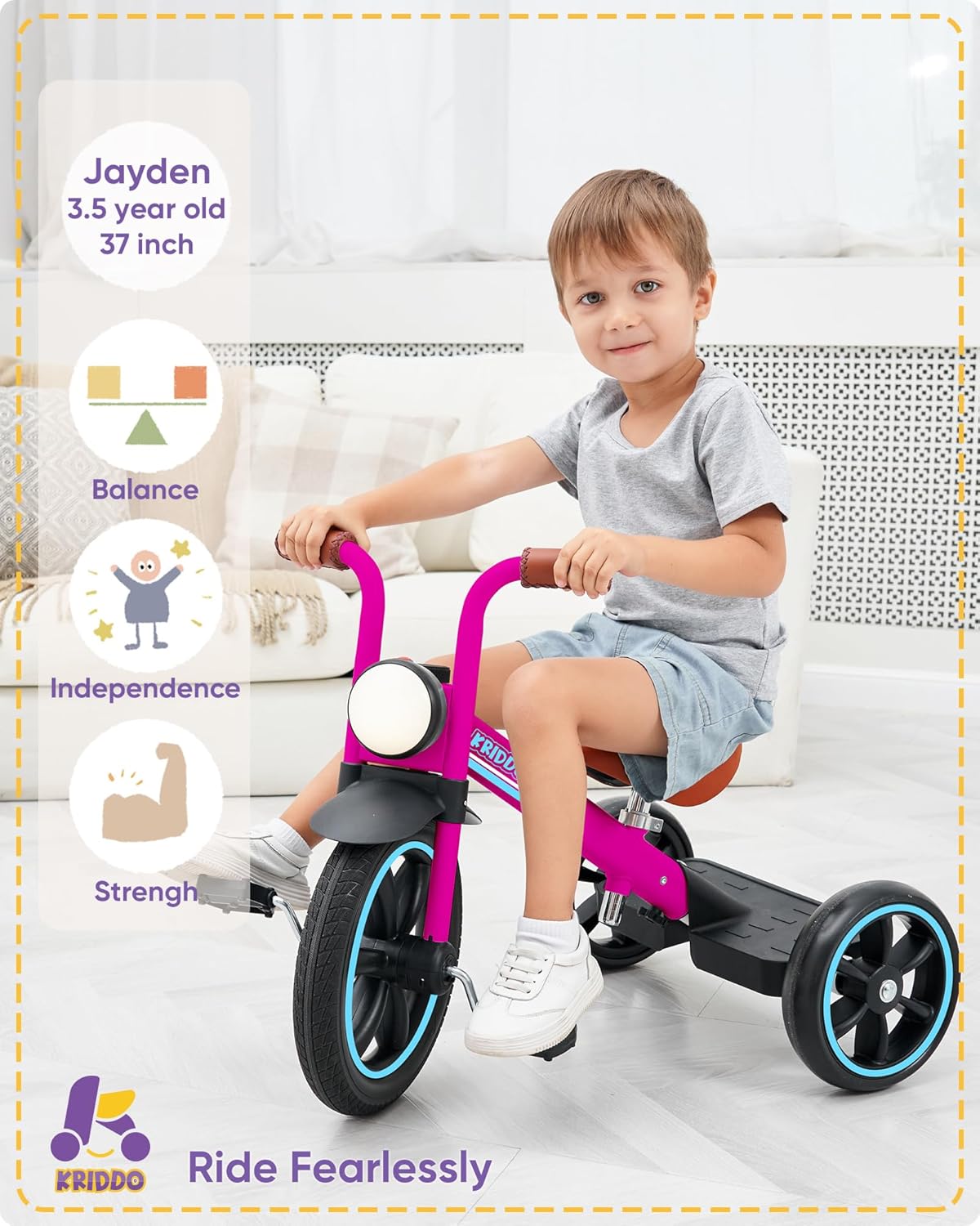 KRIDDO Kids Tricycle, 12 Inch Puncture Free Rubber Wheel w Front Light, Adjustable Seat Height, Gift for 2-5 Year Olds, Pink - Image 2