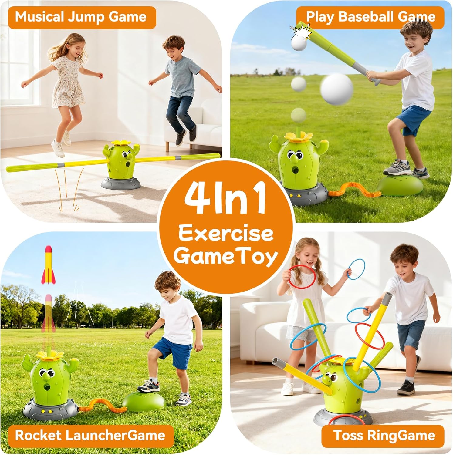 Cactus 4-in-1 Musical Jumping Toys Set with Ring Toss, Stomping Rocket Launcher and Baseball Game, Fun Indoor and Outdoor Toys for Active Play Sports Toy for Kids Ages 3 4 5 6 7 8+ Boys & Girls. - Image 2