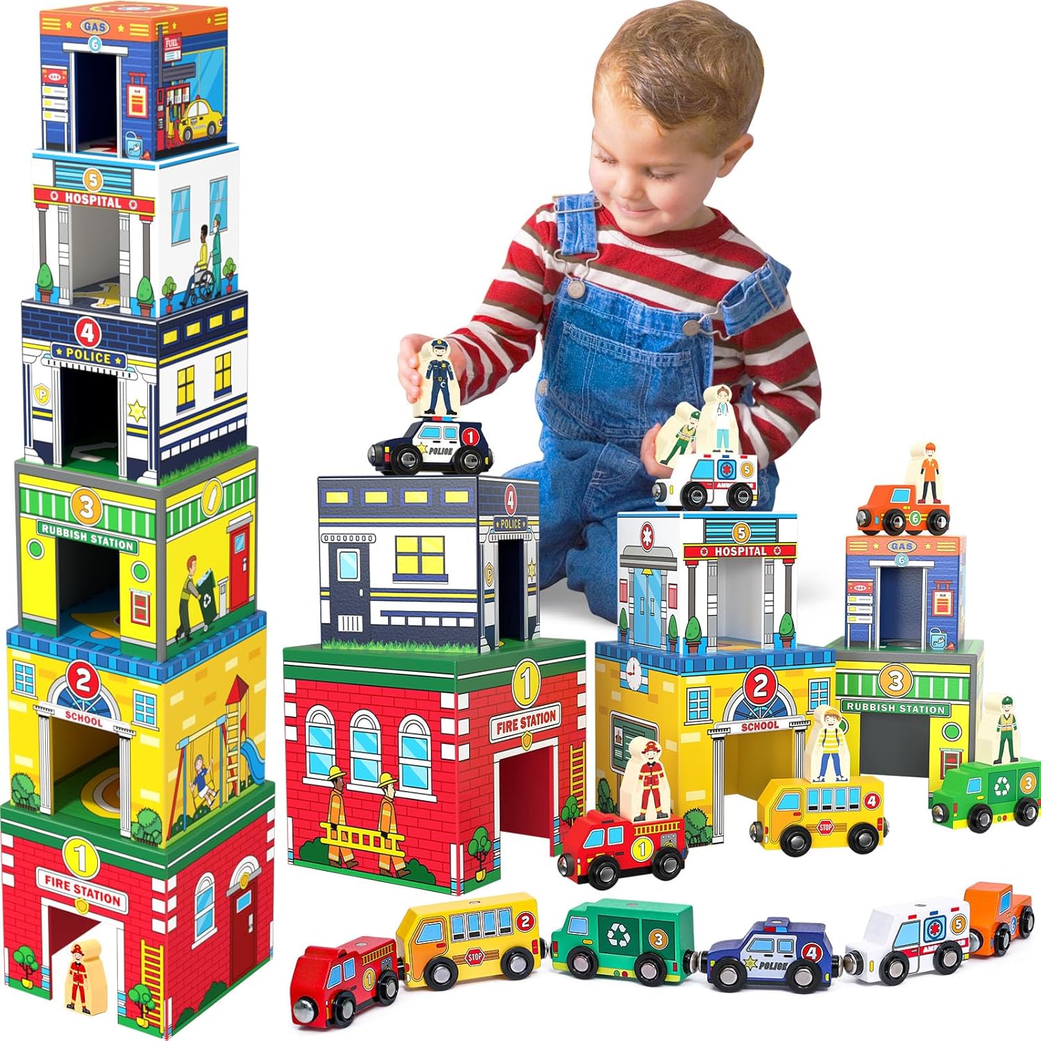 Atoylink Toddler Sorting and Stacking Toys with Magnetic Wooden Cars & Community Helpers, Baby Number Blocks Nesting Boxes Preschool Learning Montessori Toys for 1 2 3 Year Old Boys Girls Gift - Image 4