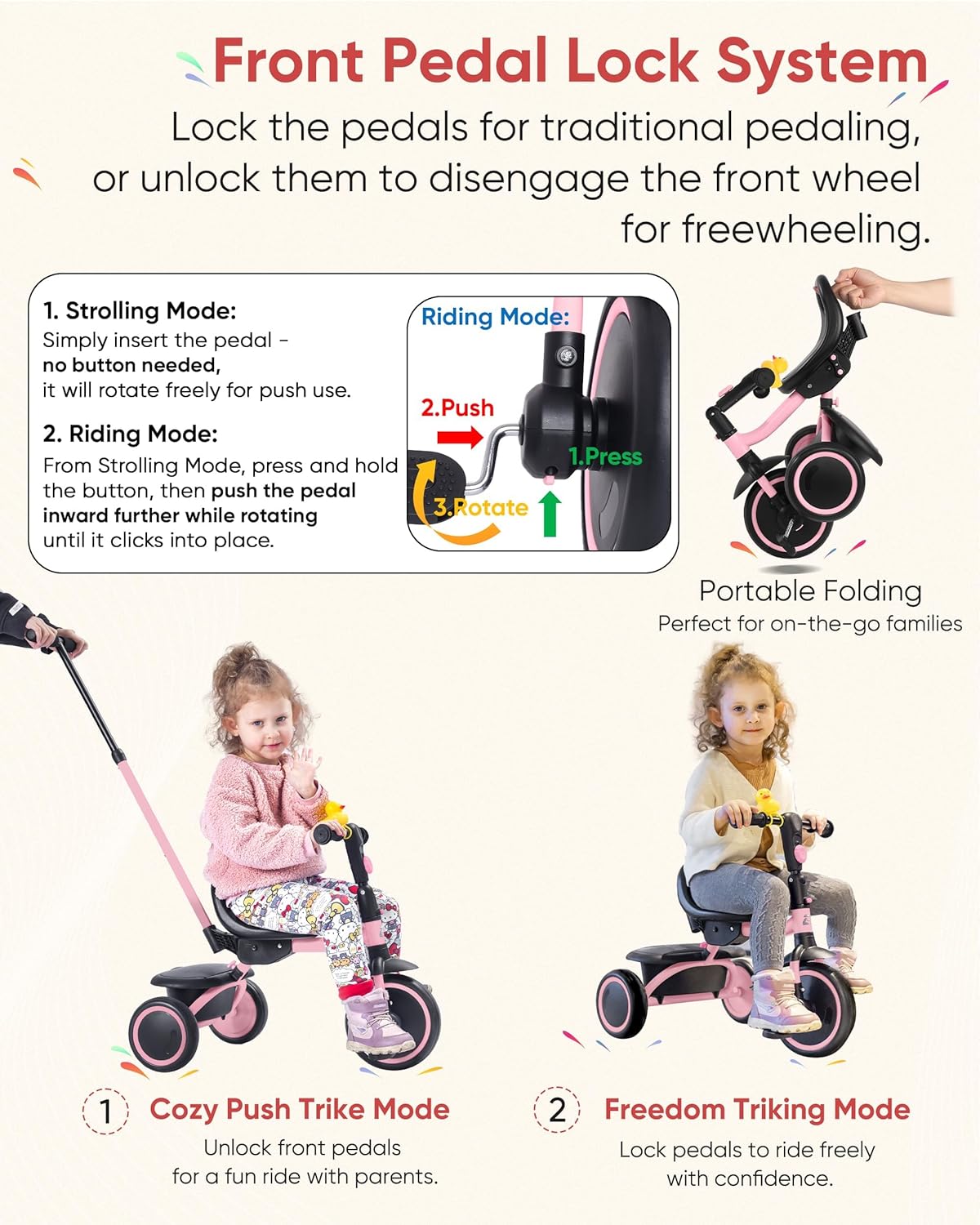 RIDYEE Tricycle for Toddlers 18 Months to 5 Years with Removable Push Handle, Tricycles for 3-5 Year Olds Ideal for On-The-Go Families, Adjustable Carry-Friendly Seat, Pink - Image 2