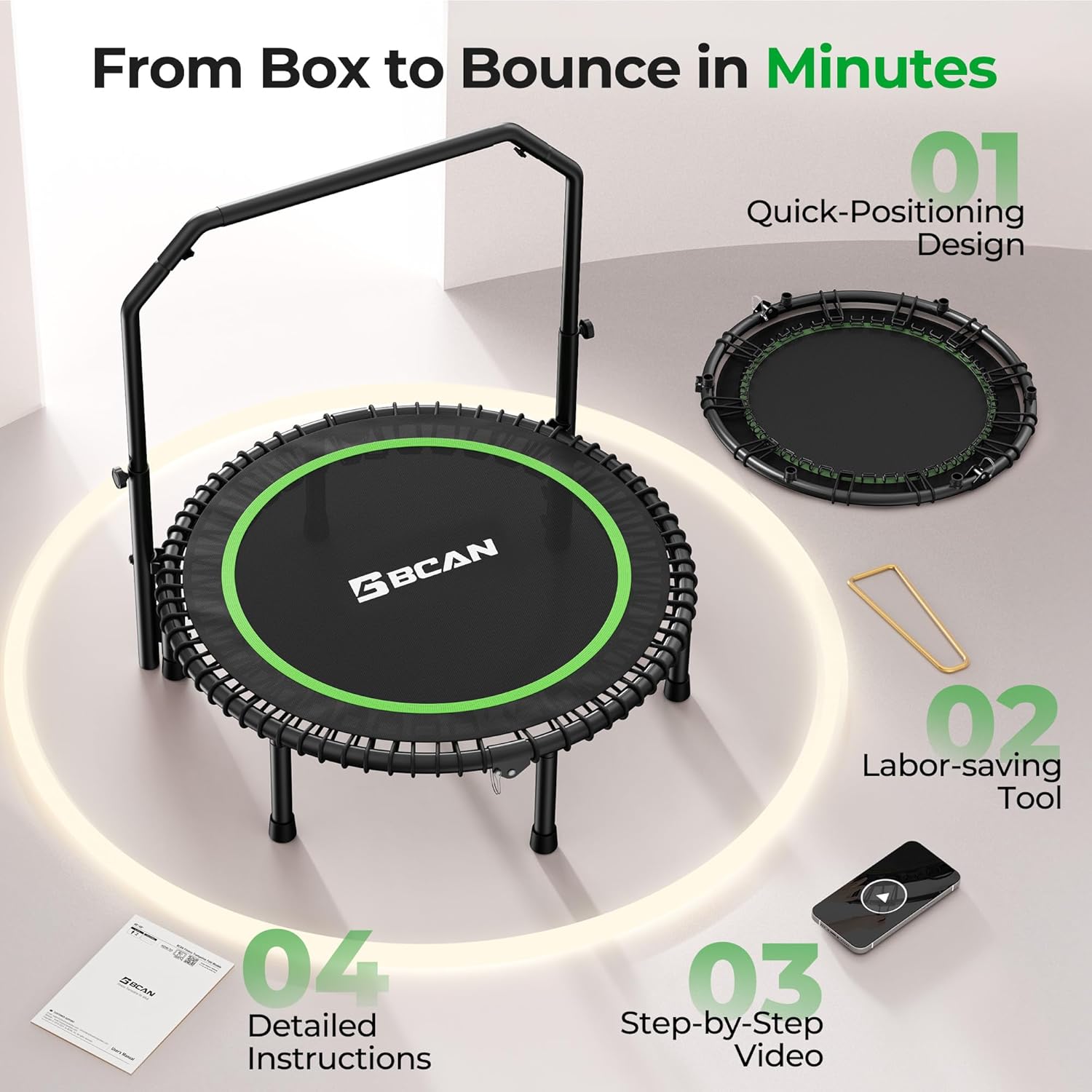 BCAN BT2 450/550LBS Mini Rebounder Trampoline for Adults with Bar, Fitness Trampoline with Bungees, Adjustable Handle, Stable & Quiet, Indoor Outdoor, Whole-Body Workout & Relaxation at Home-40IN/48IN - Image 7