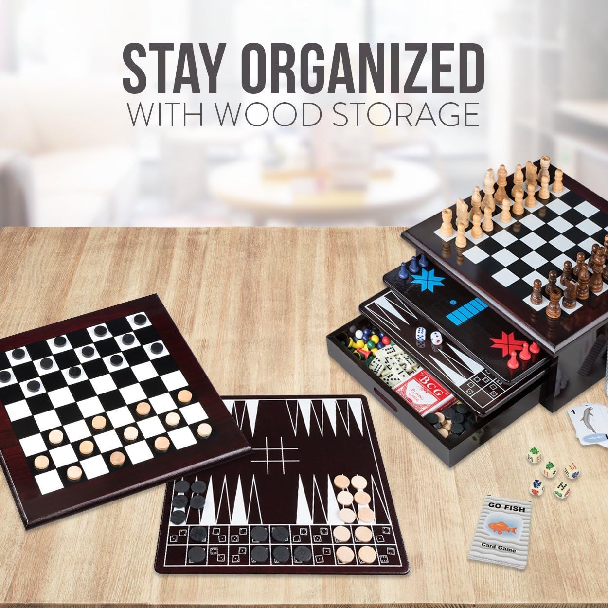 Board Game Set - Deluxe 15 in 1 Tabletop Wood-accented Game Center with Storage Drawer (Checkers, Chess, Chinese Checkers, Parcheesi, TicTacToe, SOlitaire, Snakes and Ladders, Mancala, Backgammon, Poker Dice, Playing Cards, Go Fish, Old Maid, and Dominos) - Image 5