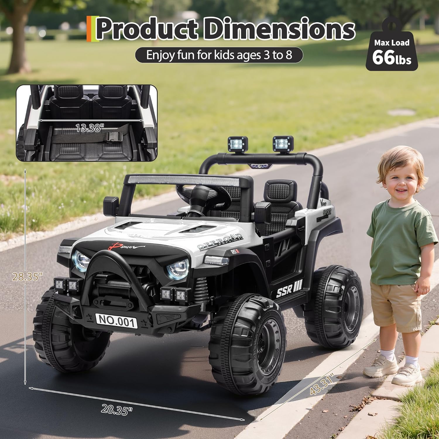 Kids Ride On Truck Car, 12V Ride On Toy Battery Powered Vehicles w/Parent Remote, Spring Suspension, Electric Car for Kids with Bluetooth Music, LED Light, Ideal Car Gift for Boys Girls, White - Image 9