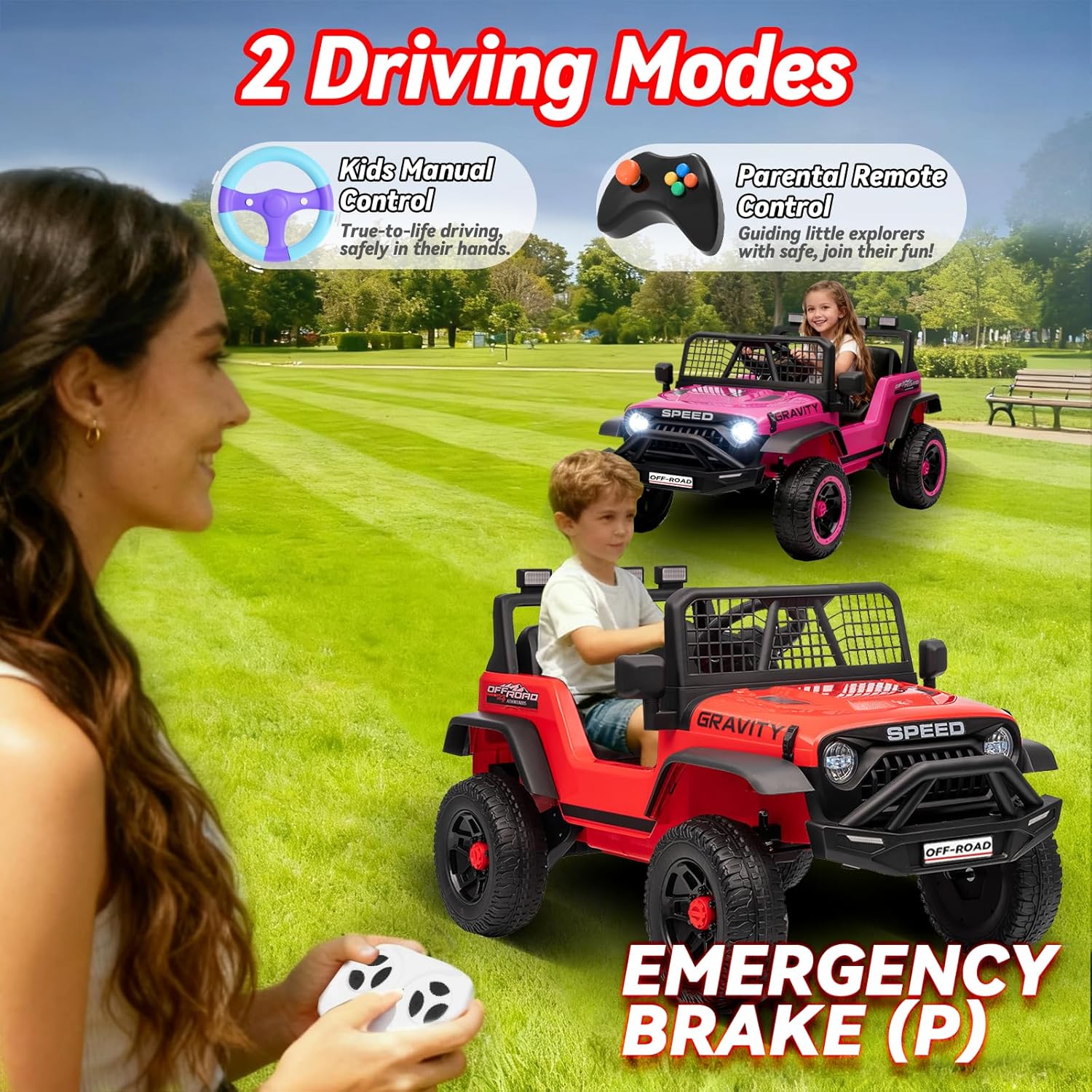 24V Jeep Power Wheels w/Remote Control, 4WD Ride on Truck Car, 3 Speed, Bluetooth Music, Wide Seat, Spring Suspension, LED Light, Birthday for Boys Girls Toddler (Black+Red) - Image 5