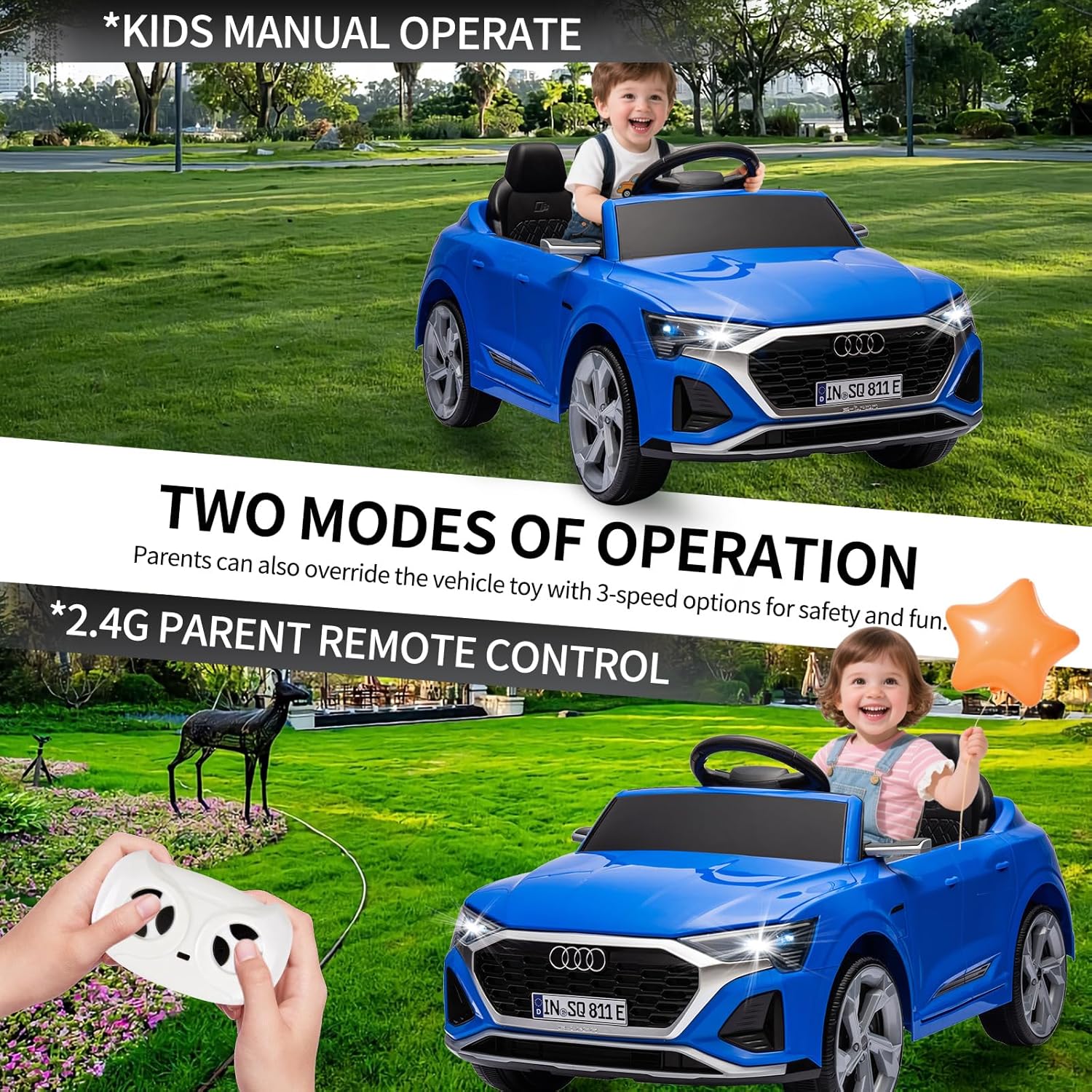 Licensed Audi 12V Children's Electric Ride-On Car, Battery-Powered Electric Toy Car, Suitable for Boys and Girls Aged 3+, with LED Headlights, 2.4GHz Remote Control (Blue) - Image 2