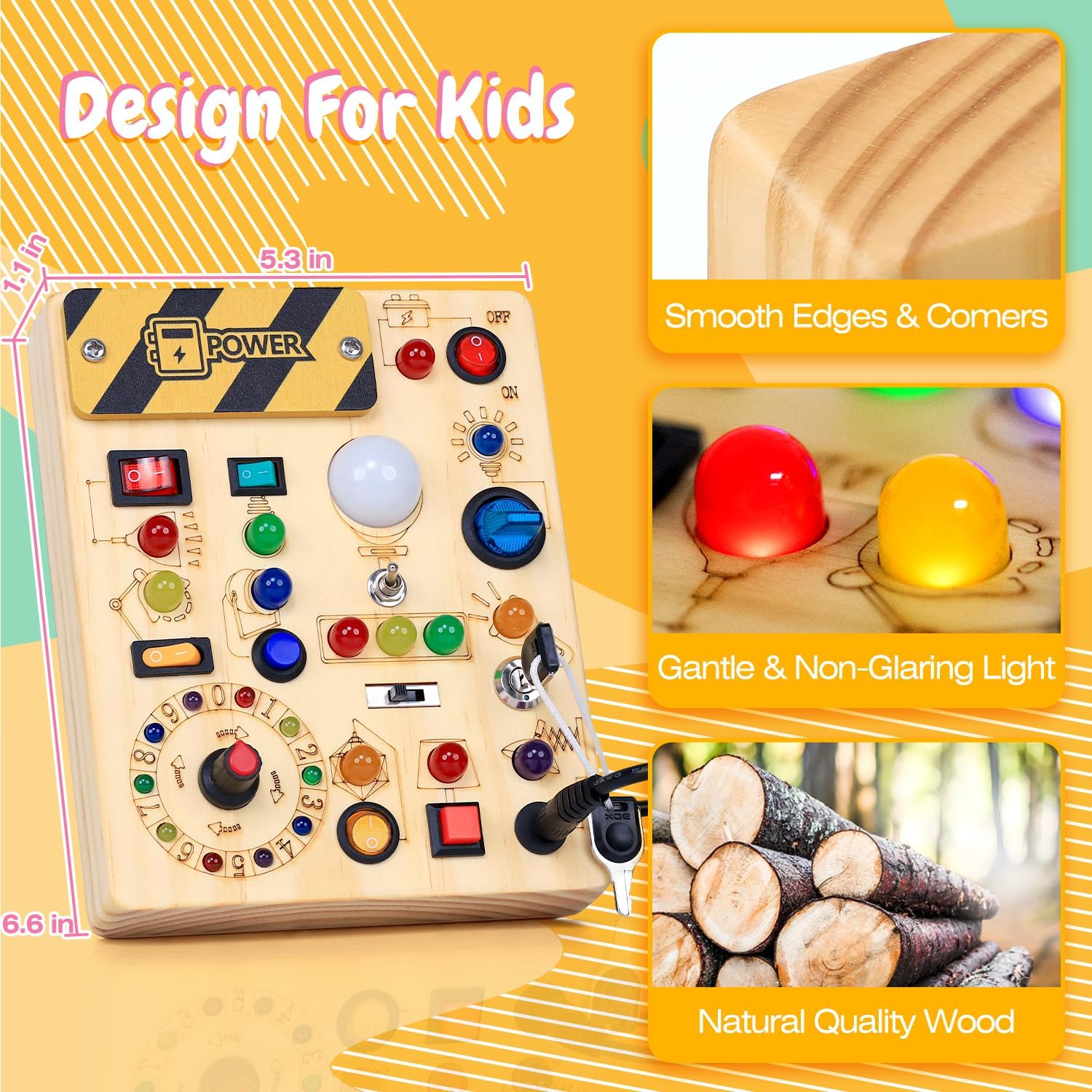 Busy Board with LED Light Switches, Montessori Toys for 1 2 3 Years Old, Toddlers Wooden Toy Sensory Activity Board, Travel Toys for 1+ Year Old Boy & Girl Birthday Gift - Image 6