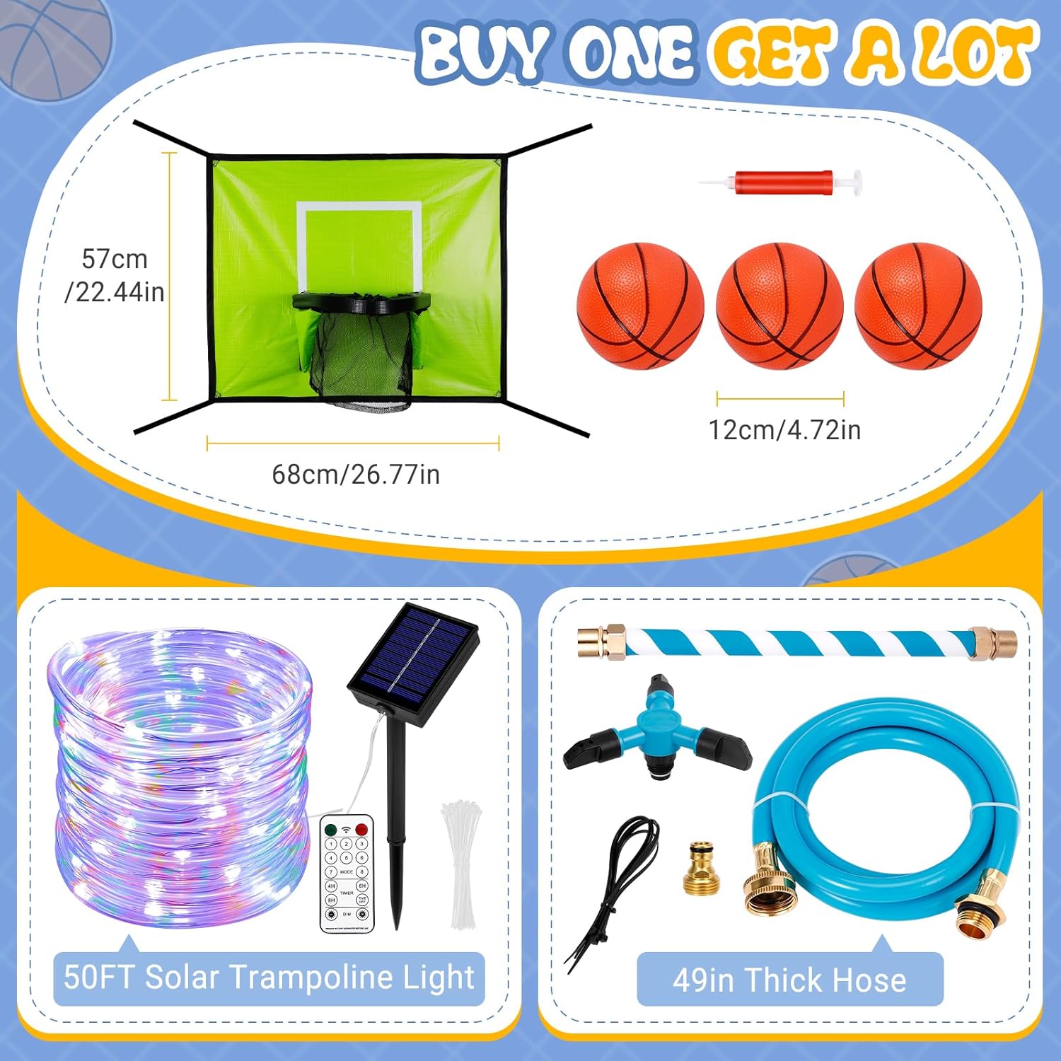 Trampoline Accessories Kit Kids,Basketball Hoop with 3 Mini Basketballs,50FT Solar Lights Fit 8 10 12 14 15 16FT Trampoline Outdoor 8 Mode,Choose from 2 Kits with Sprinkler or Dart Board & Glow Net - Image 2