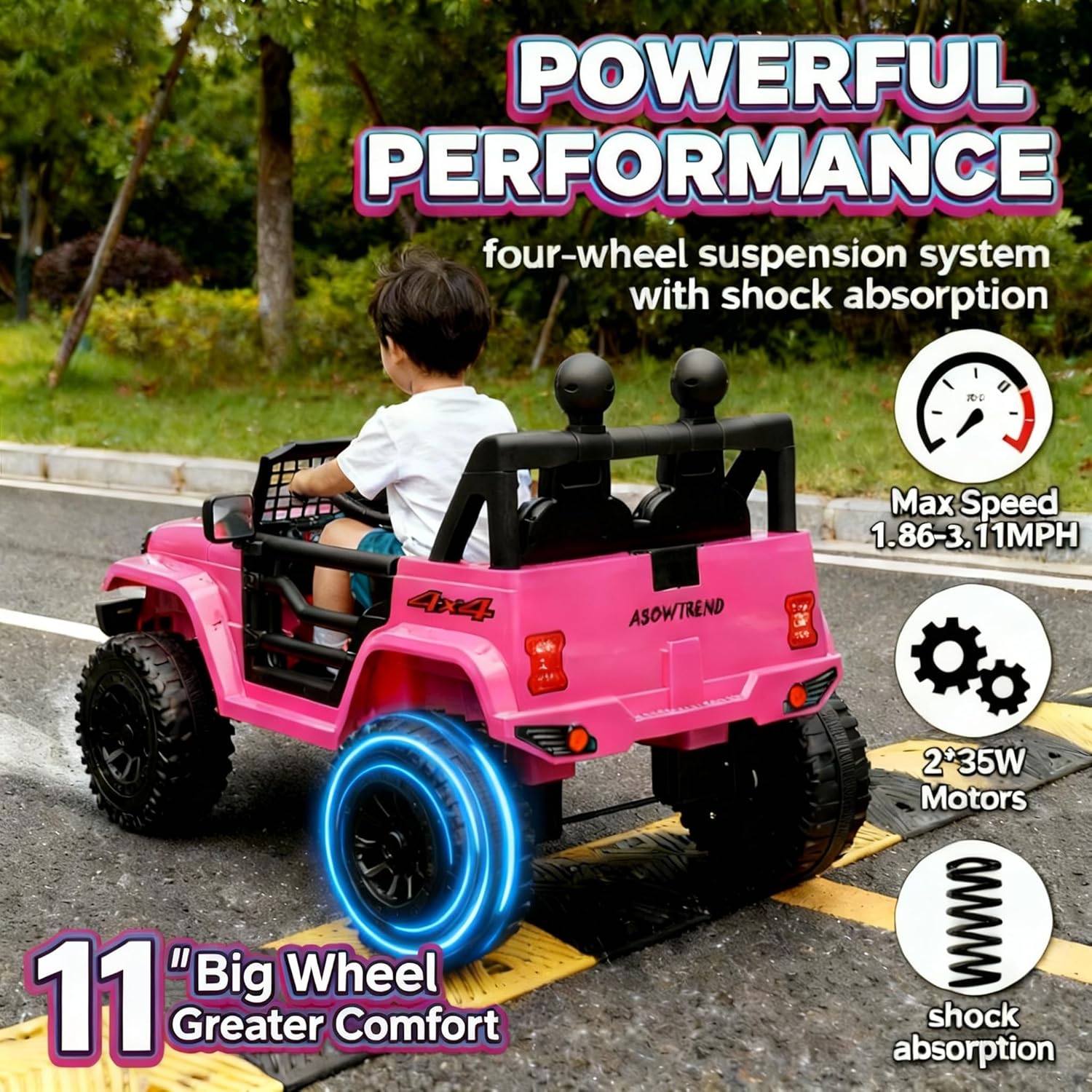 12V Jeep Style Pink Kids Ride On Car, Dual 35W Motor Electric Vehicle with Parent Remote Control, 2-Seater Suspension Toy Car, Bluetooth LED Light, Birthday Gift for 3-5 Year Girls - Image 5